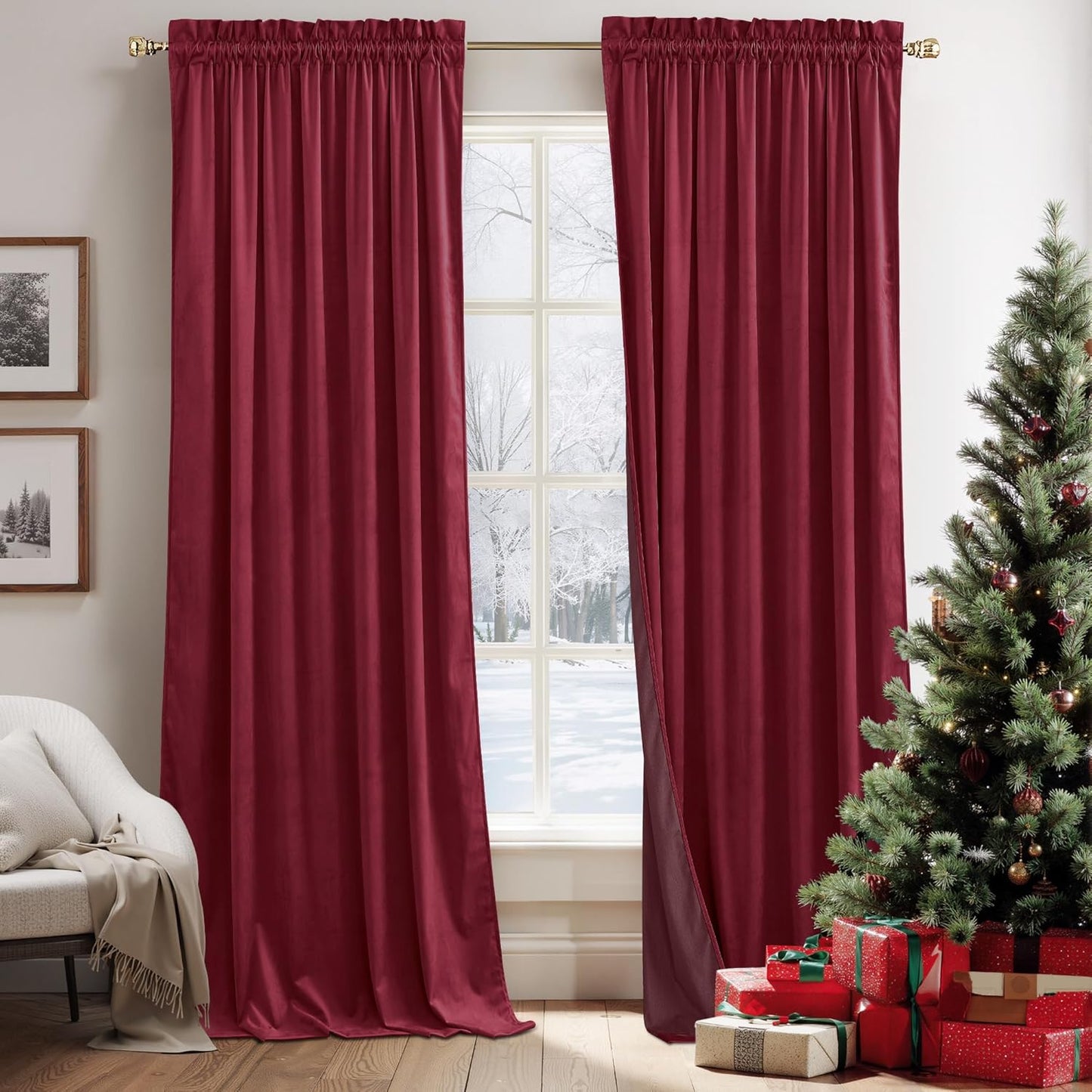 RYB HOME Burgundy Red Velvet Curtains for Luxurious Decor