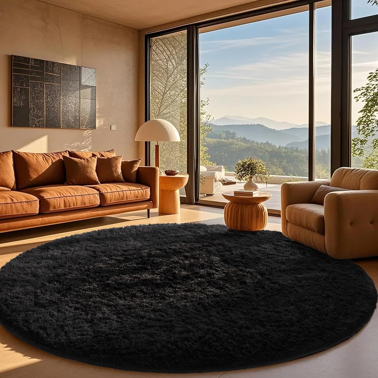 Ophanie Round Rug 8Ft Black Circle Area Rug for Cozy Spaces
