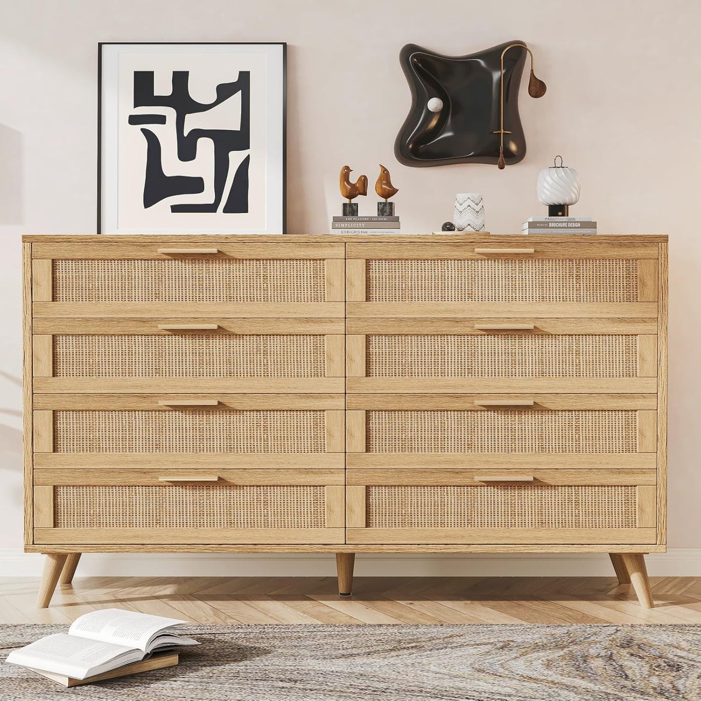Rovaurx 8 Drawer Double Dresser for Bedroom with Rattan Design
