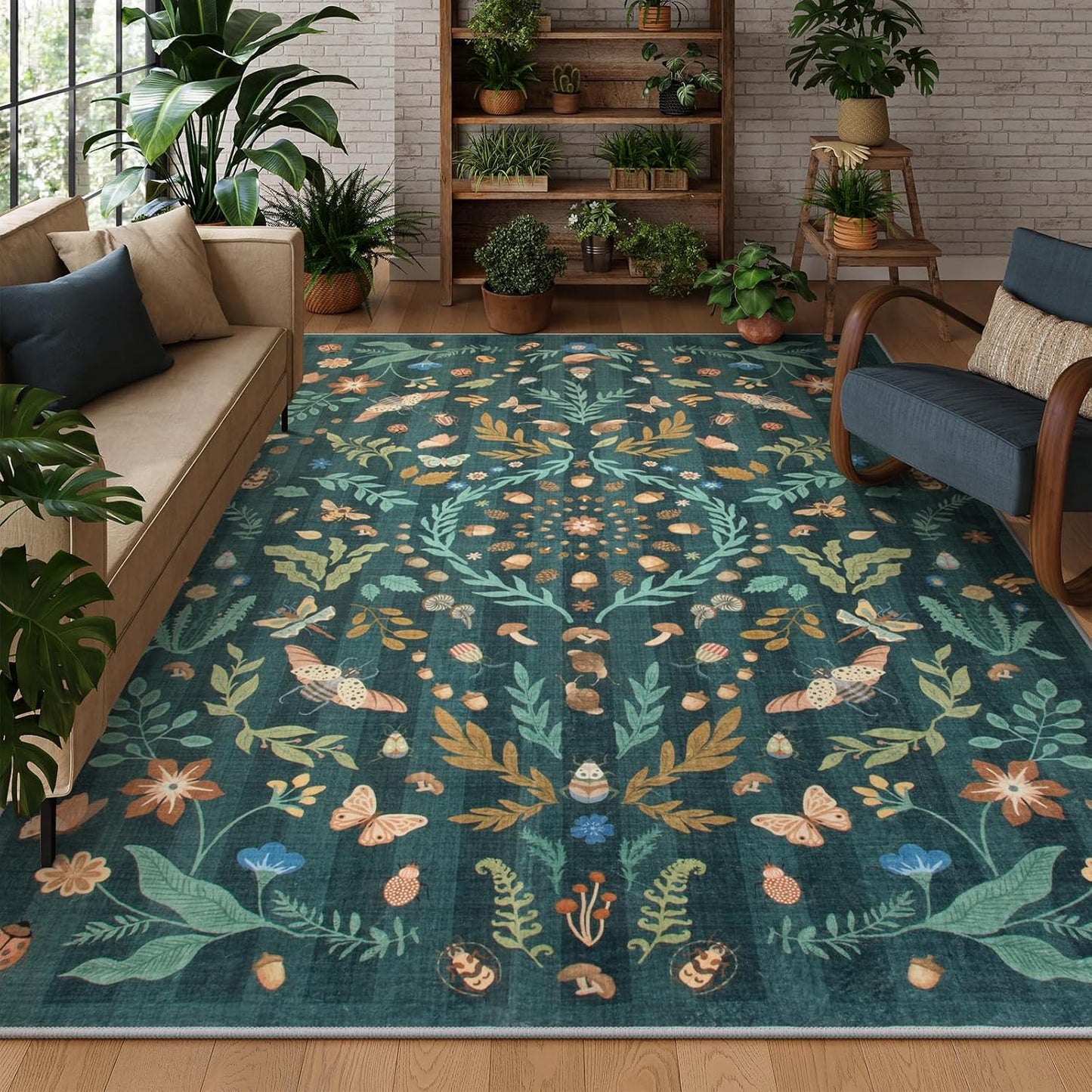 Lahome Insect Botanical Washable 8x10 Area Rug for Cozy Spaces