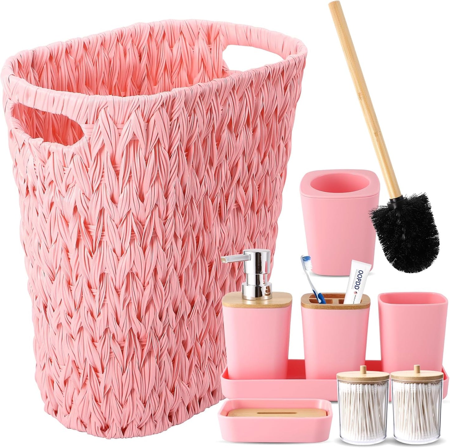 Pink Bathroom Accessories Set with Wicker Trash Can for Home