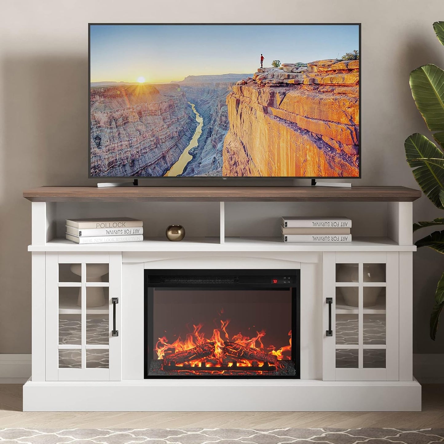 Rustic 58 TV Stand w/ Electric Fireplace & Storage - White