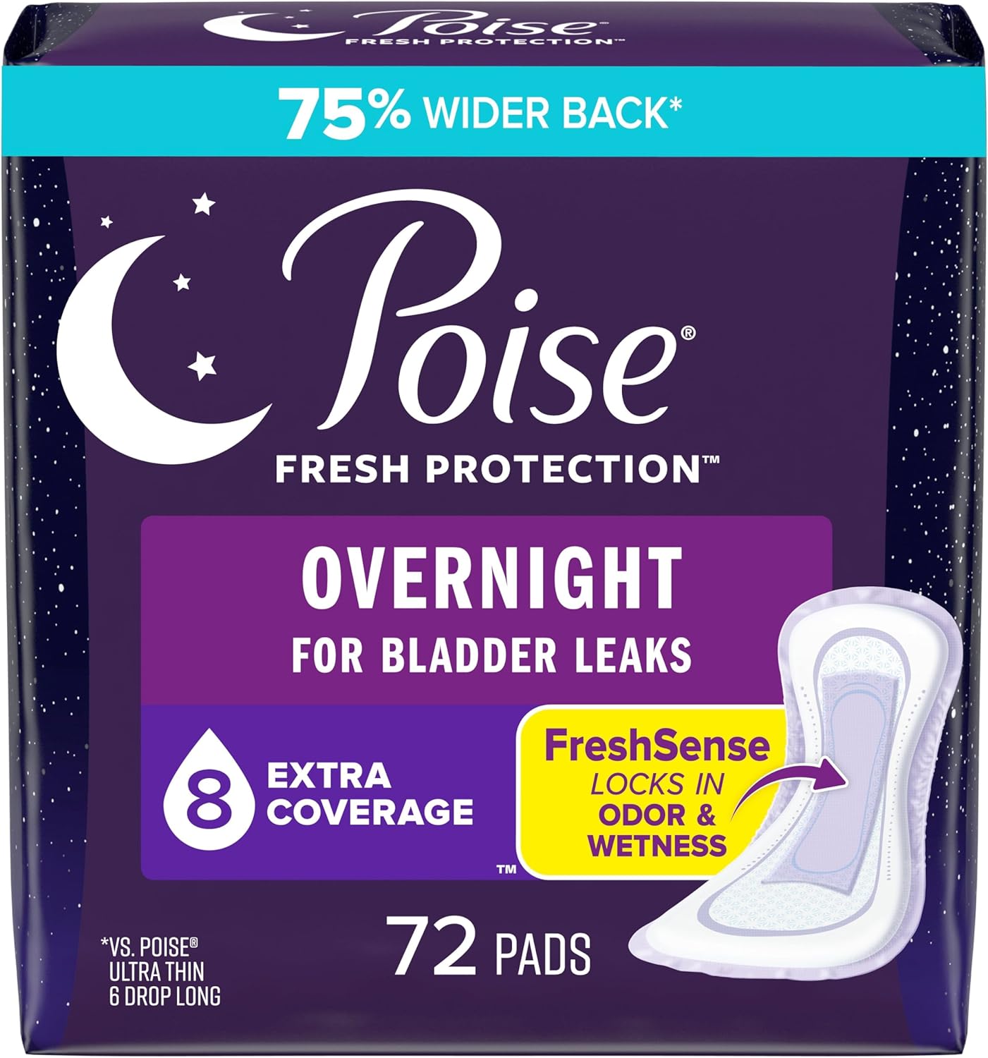 Poise Overnight Incontinence Pads, 8 Drop Extra Coverage, 72 Count - Stay Dry All Night!