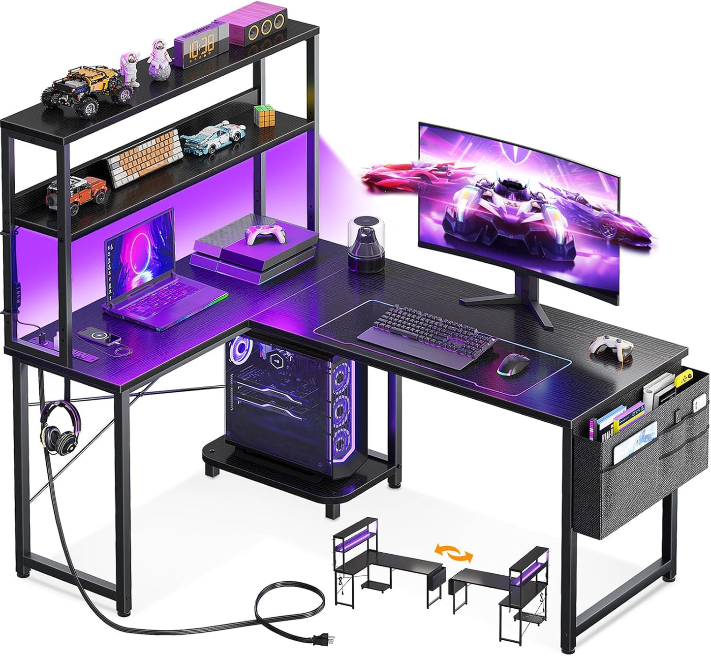 AODK L Shaped Desk with LED Light & Power Outlet for Gaming
