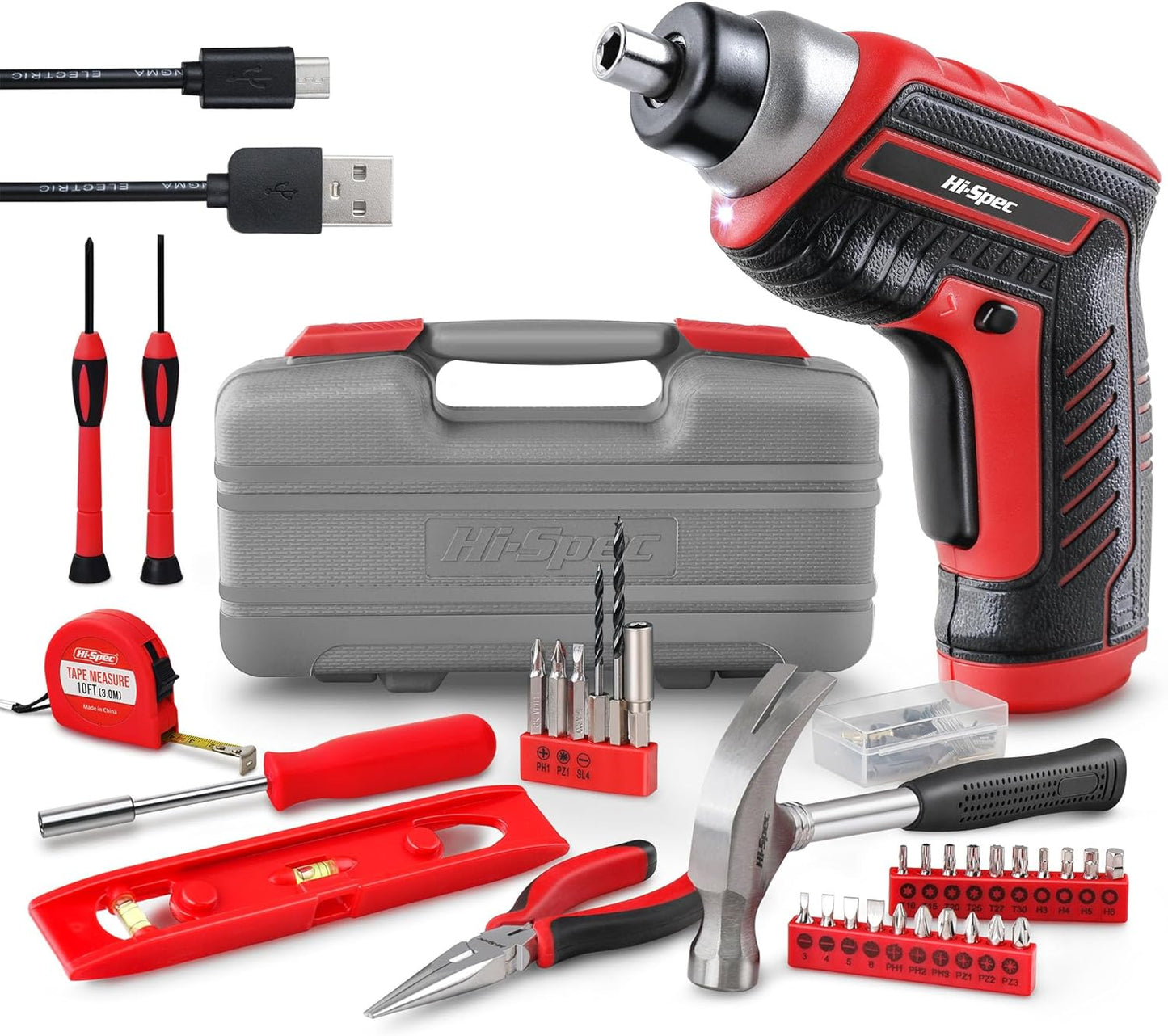 Hi-Spec 35pc Red Tool Kit with Electric Screwdriver and Drill Set