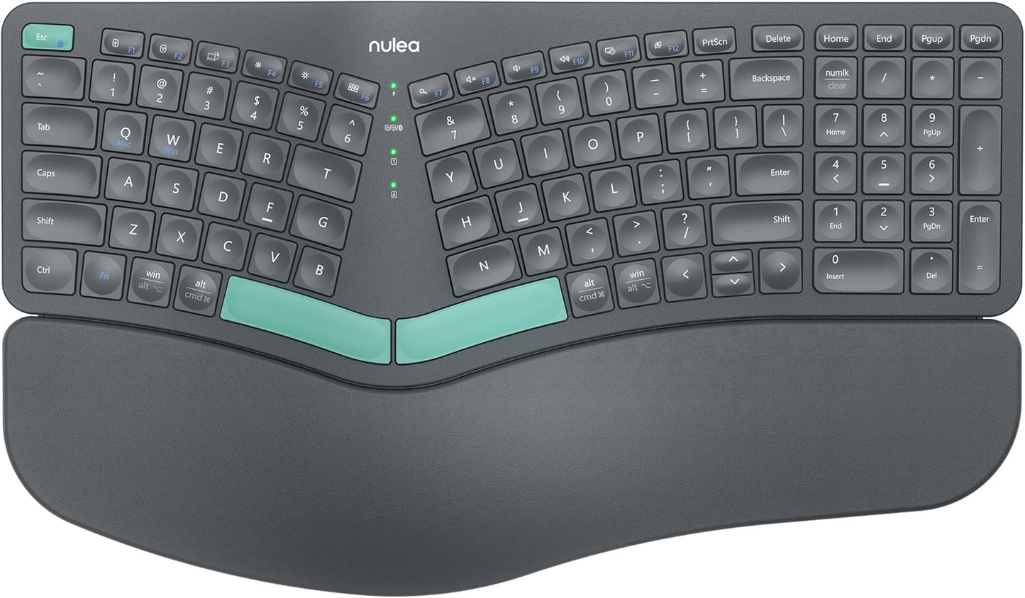 Nulea Split Ergonomic Keyboard, Wireless Connectivity, Cushioned Wrist Rest