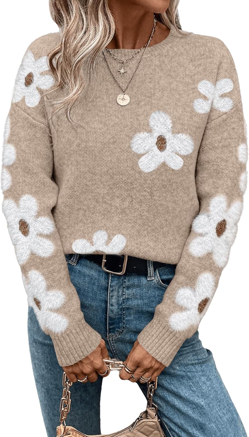 Floral Pattern Crewneck Long Sleeve Sweater for Women