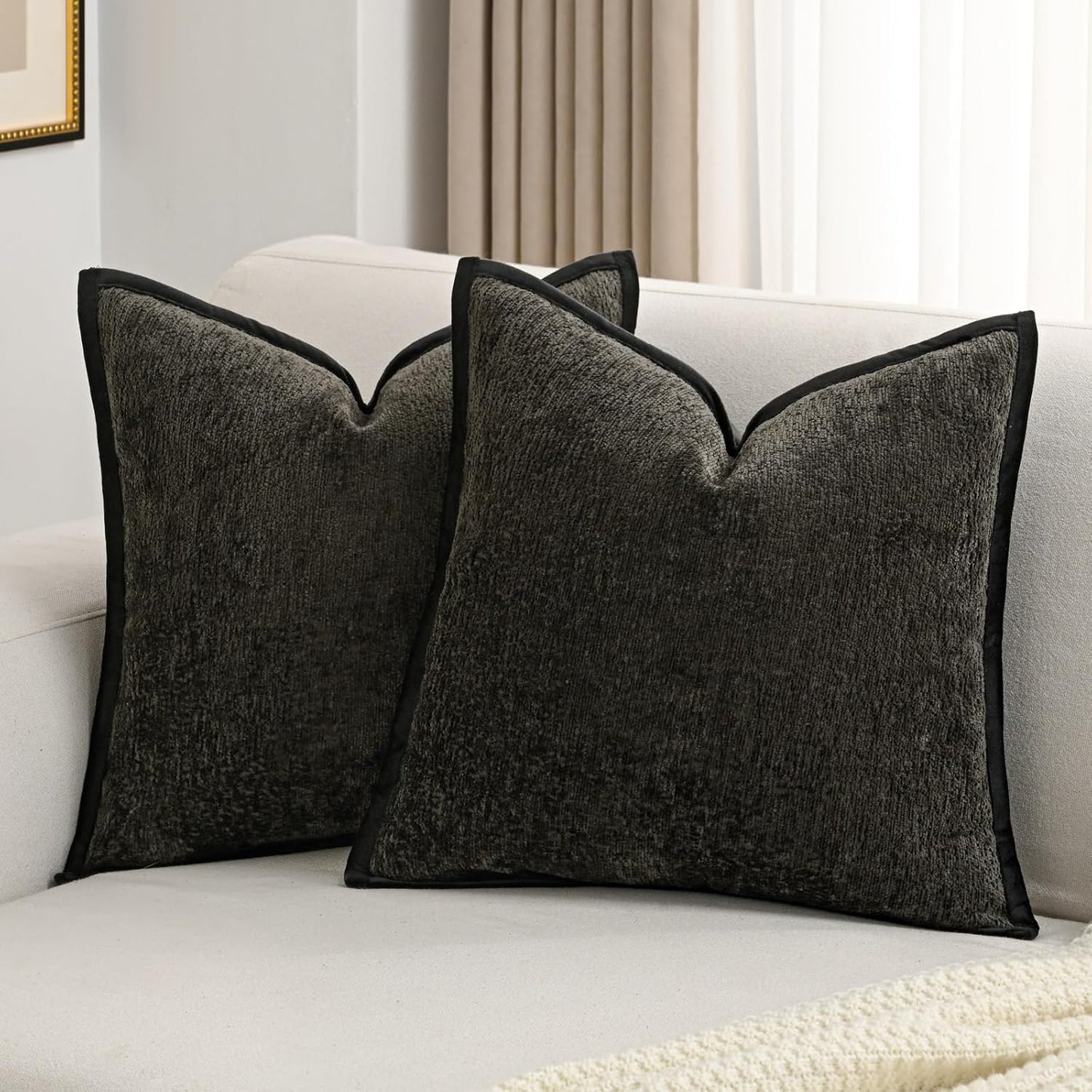 FUTEI Black Chenille Throw Pillow Covers for Cozy Home Decor