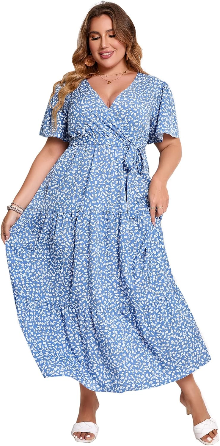Plus Size V Neck Wrap Maxi Dress for Women with Ruffles