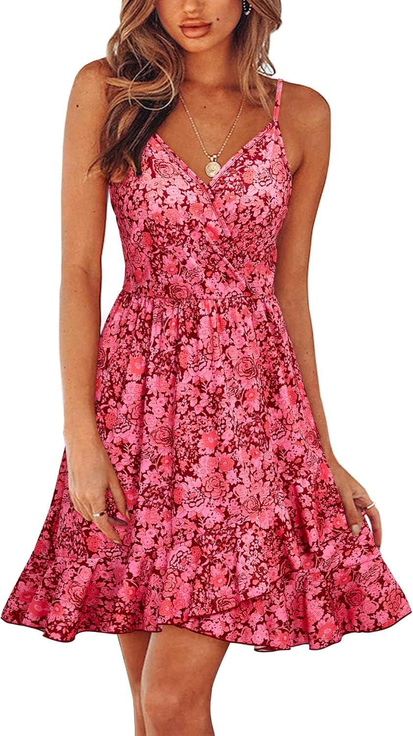 ULTRANICE Womens Summer Dresses Floral V Neck Ruffled Hem Style