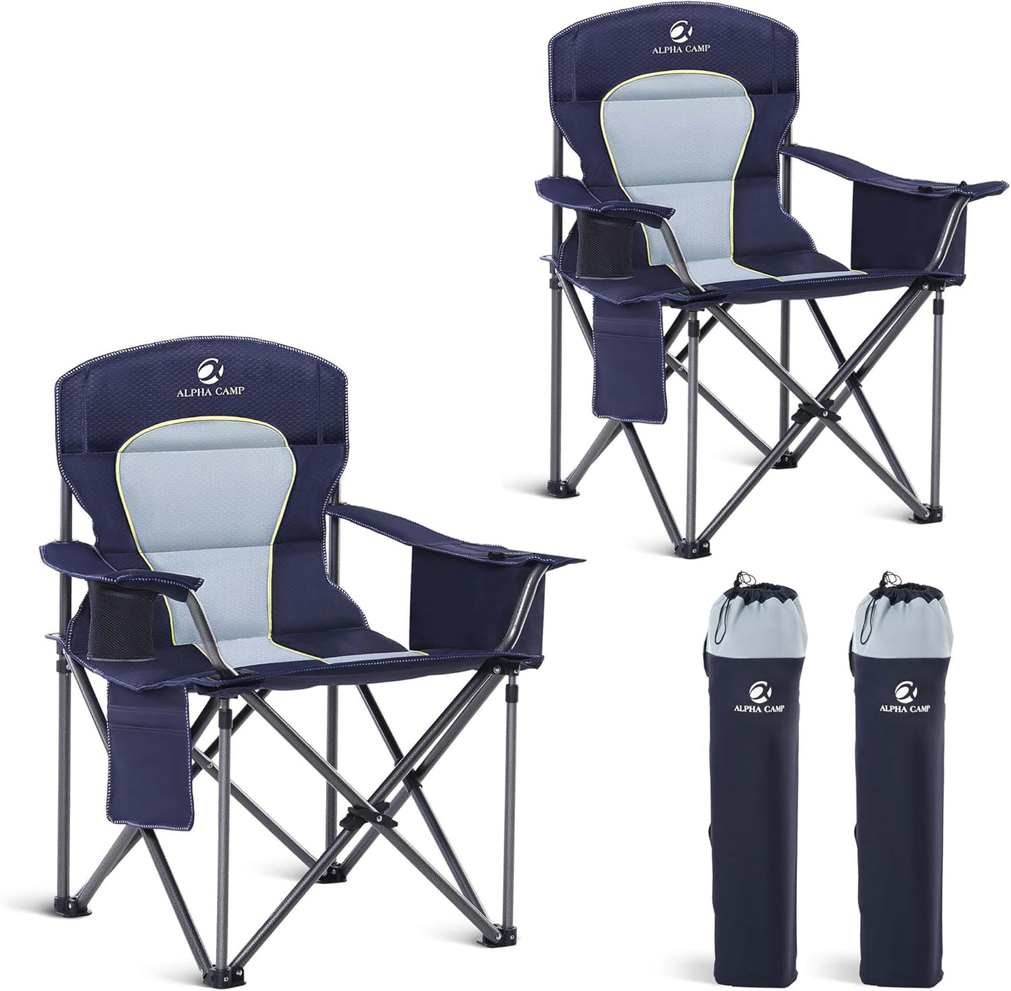Portable Heavy-Duty Camping Chairs - 450LB Support, Cooler Bag, Cup Holder - 2 Pack