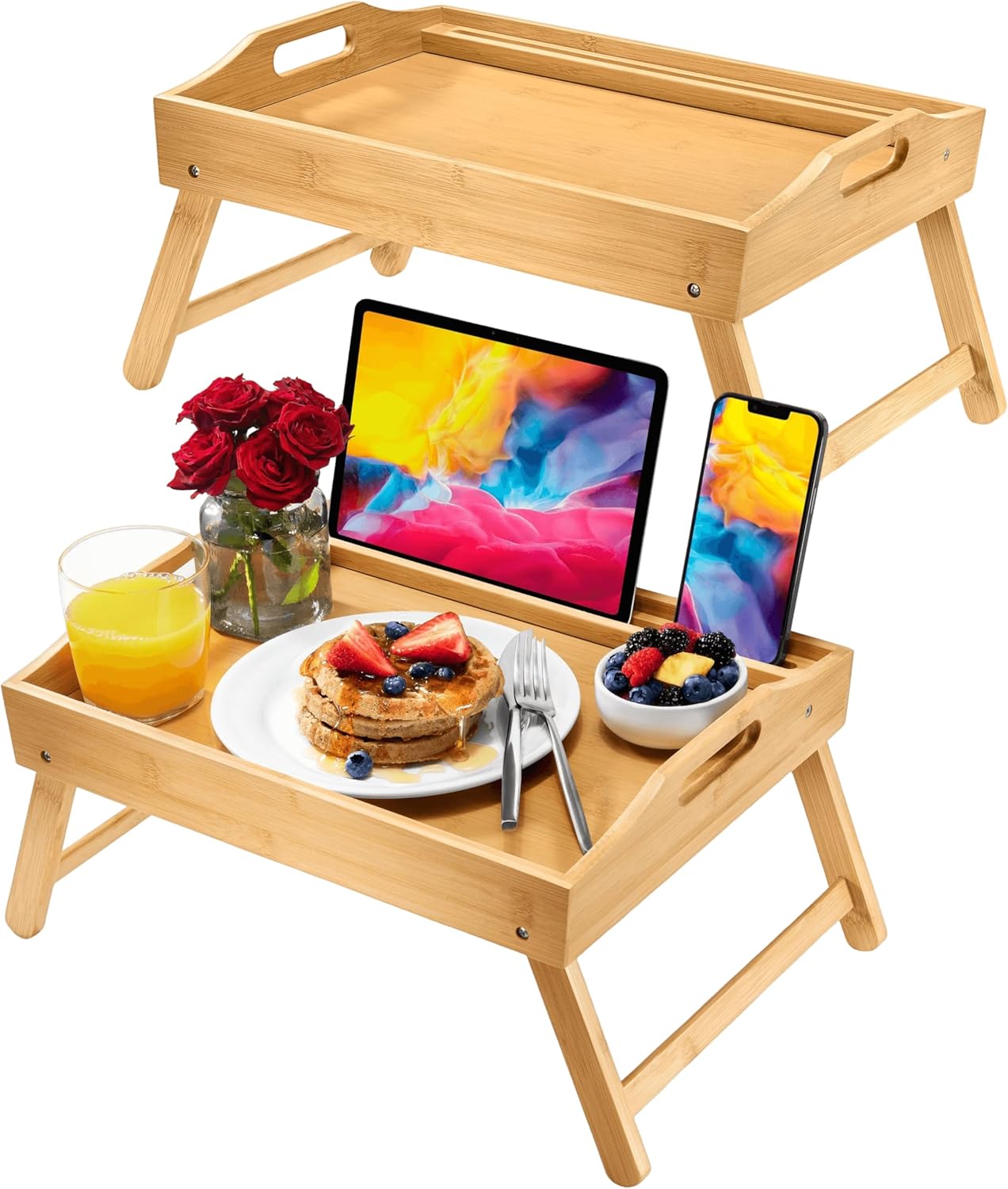 Bamboo Bed Tray Set - Laptop Holder, Handles - Snack & Work in Bed
