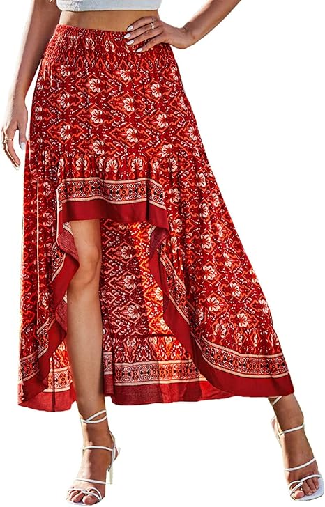 BTFBM Women Floral Print High Low Beach Maxi Skirt for Summer