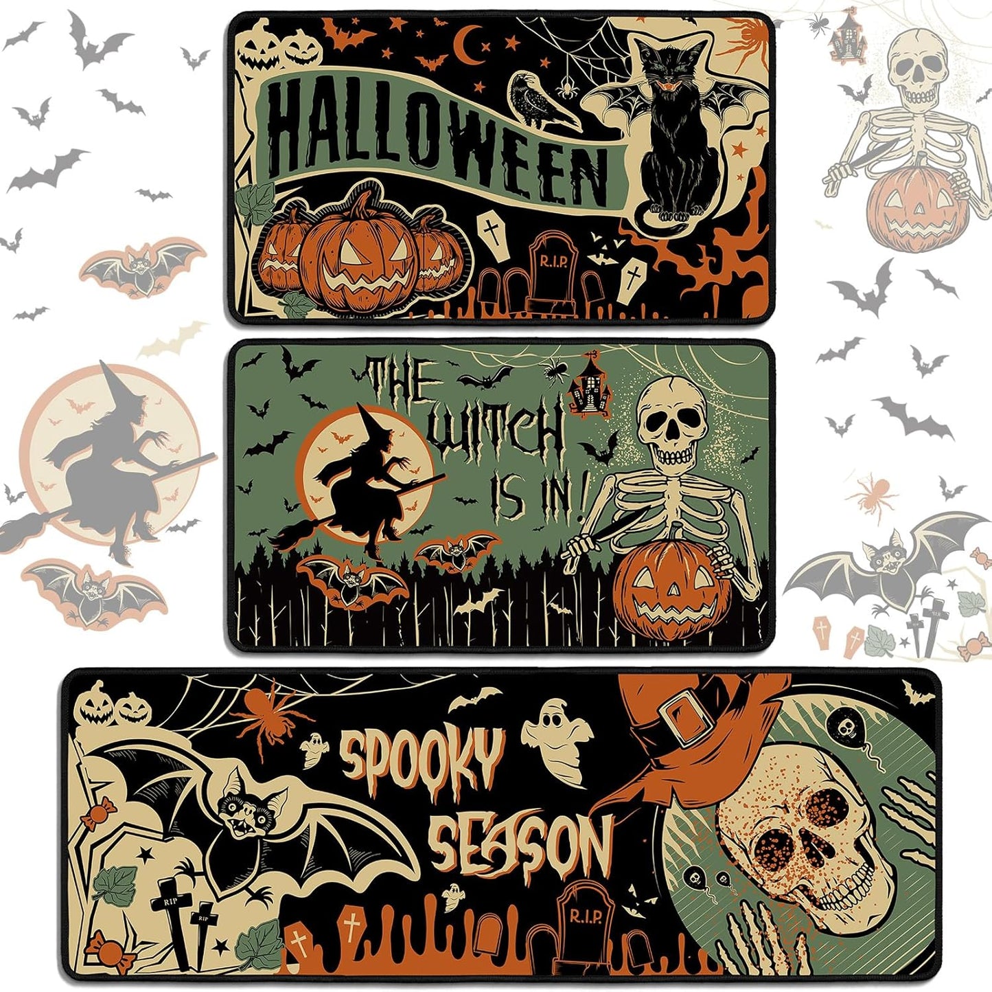 3 Pcs Halloween Kitchen Rugs Set for Spooky Home Decor