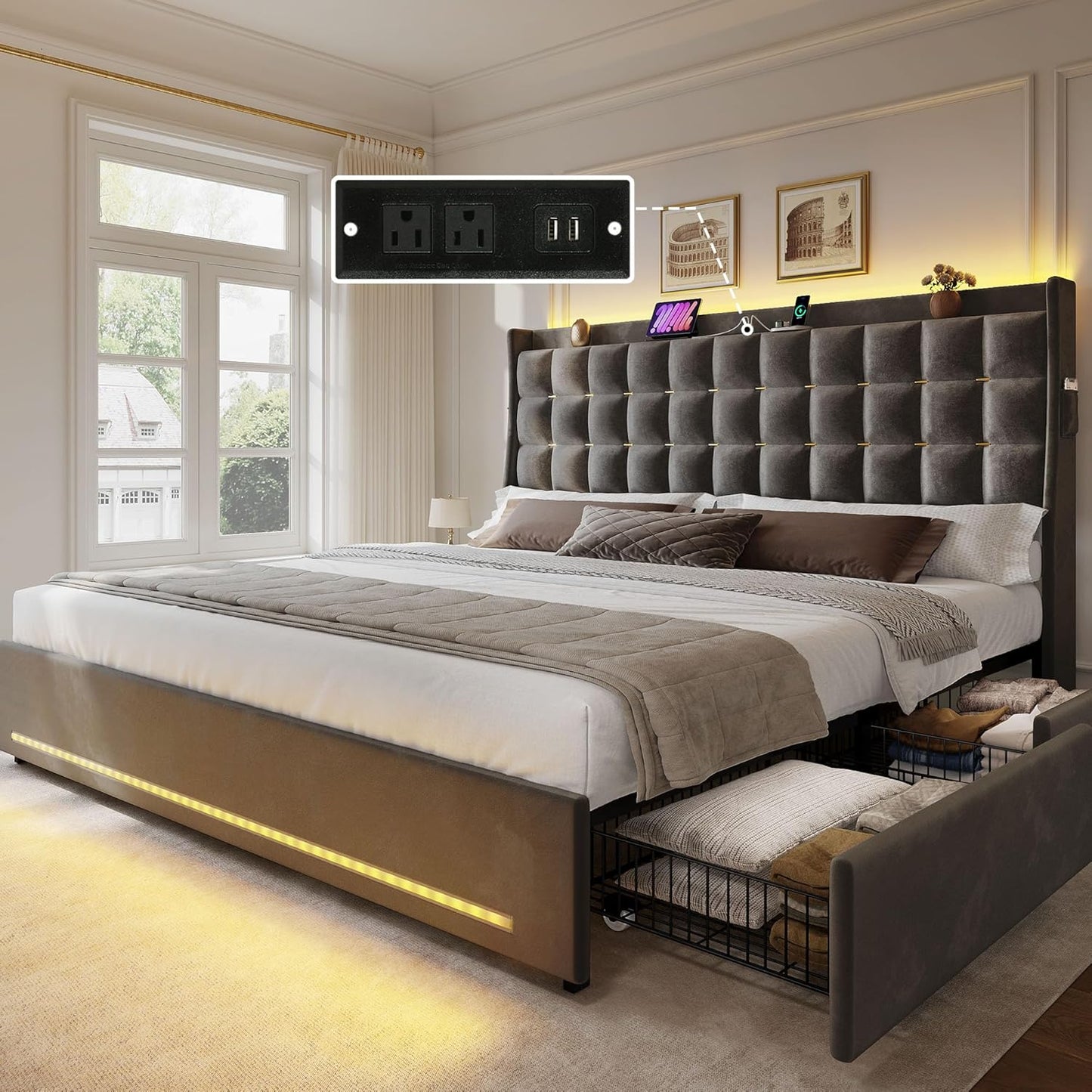 YITAHOME King Size Bed Frame with RGB LED Lights and Storage