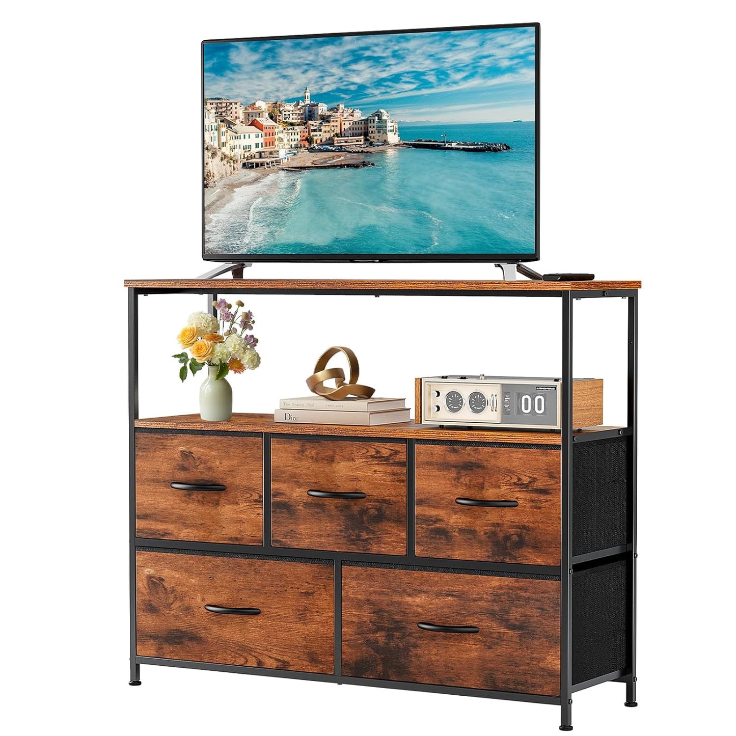 TV Stand with 5 Fabric Drawers for 45 inch TV Storage Organizer