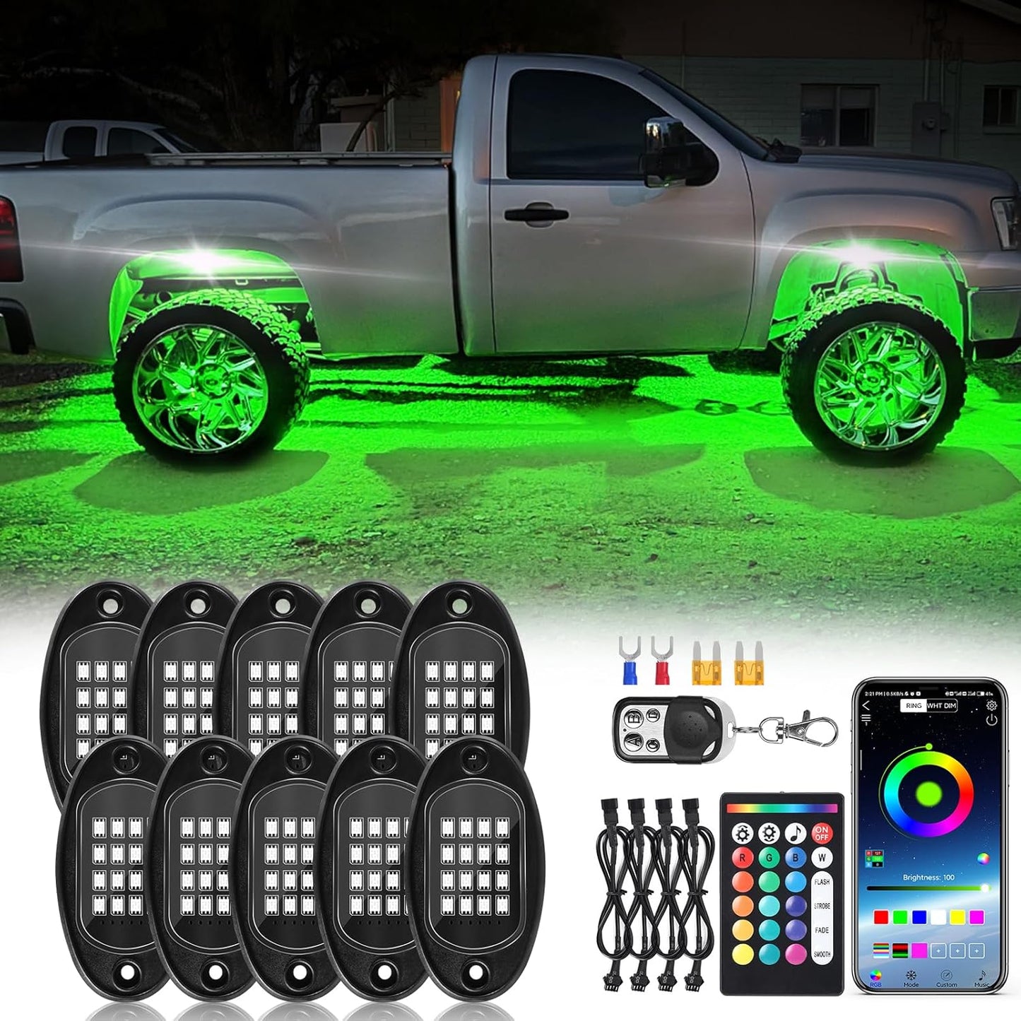 10Pods RGB LED Rock Lights Kit for Trucks and Off Road Vehicles