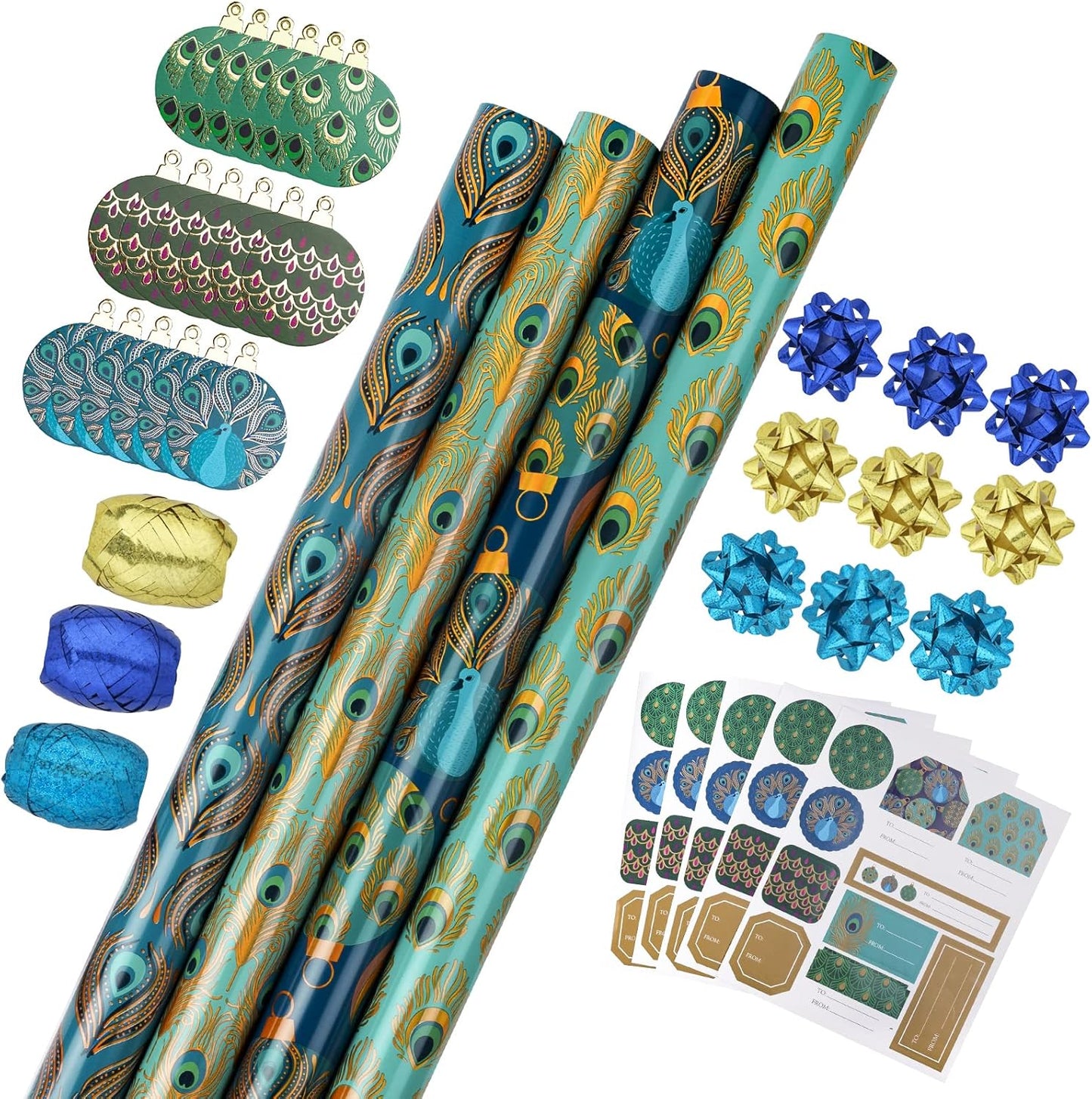 Peacock Christmas Wrapping Paper Set with Gift Bow & Ribbon