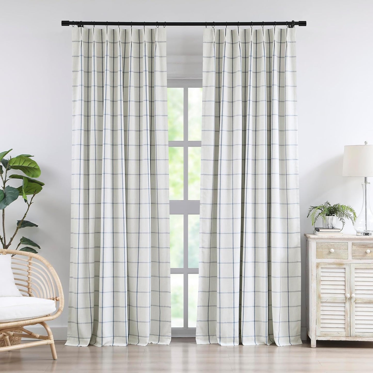 Vision Home Blue Plaid Linen Pinch Pleated Blackout Curtains