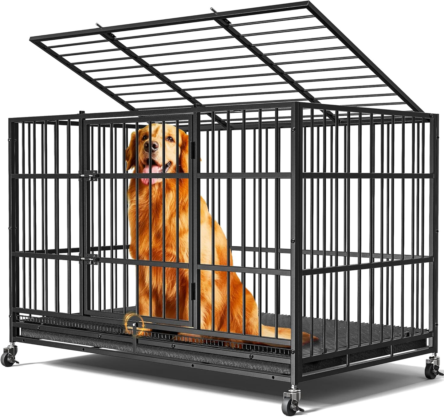 48in Dog Crate for Large Dogs with Lockable Wheels and Tray