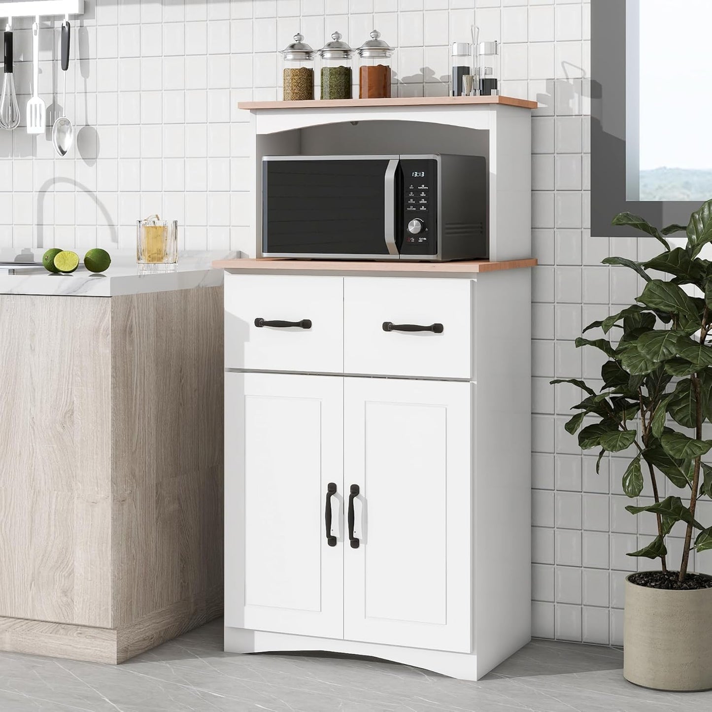 Storage-Savvy Microwave Stand in White