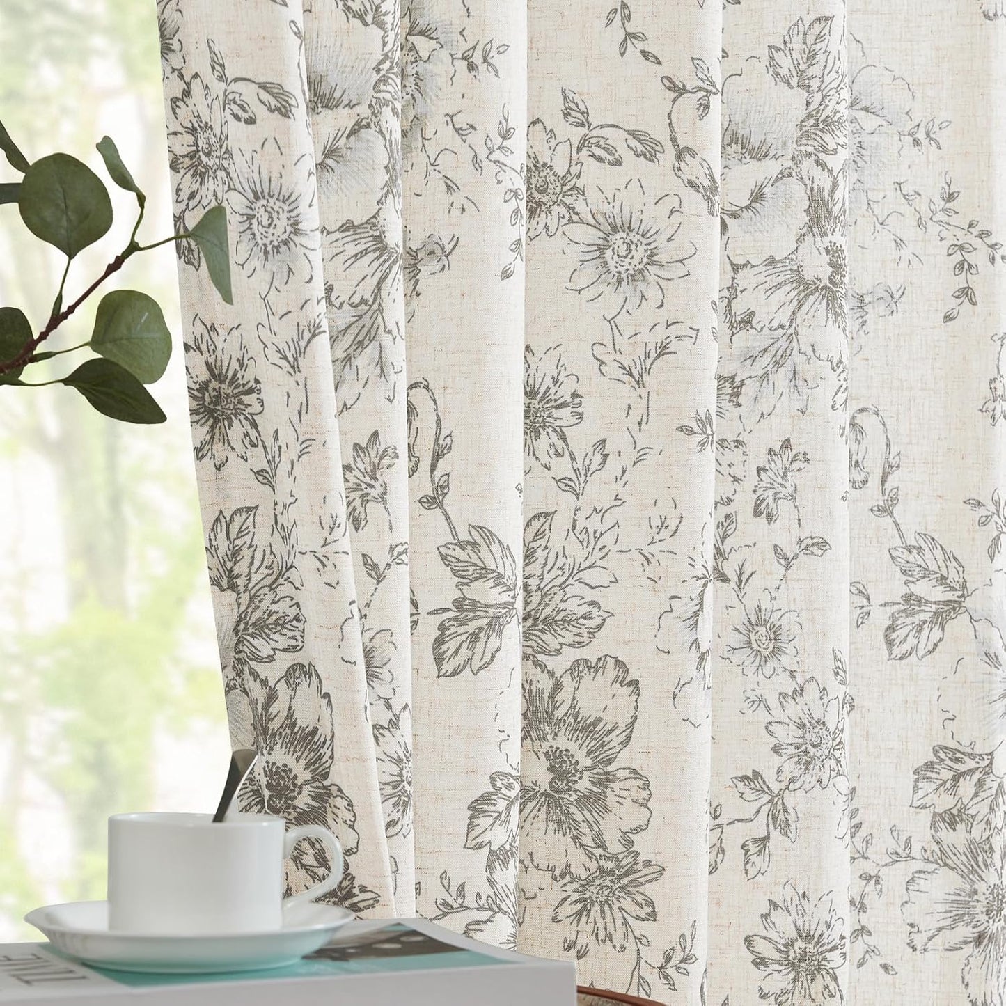 Floral Linen Blend Curtains for Living Room and Bedroom Decor