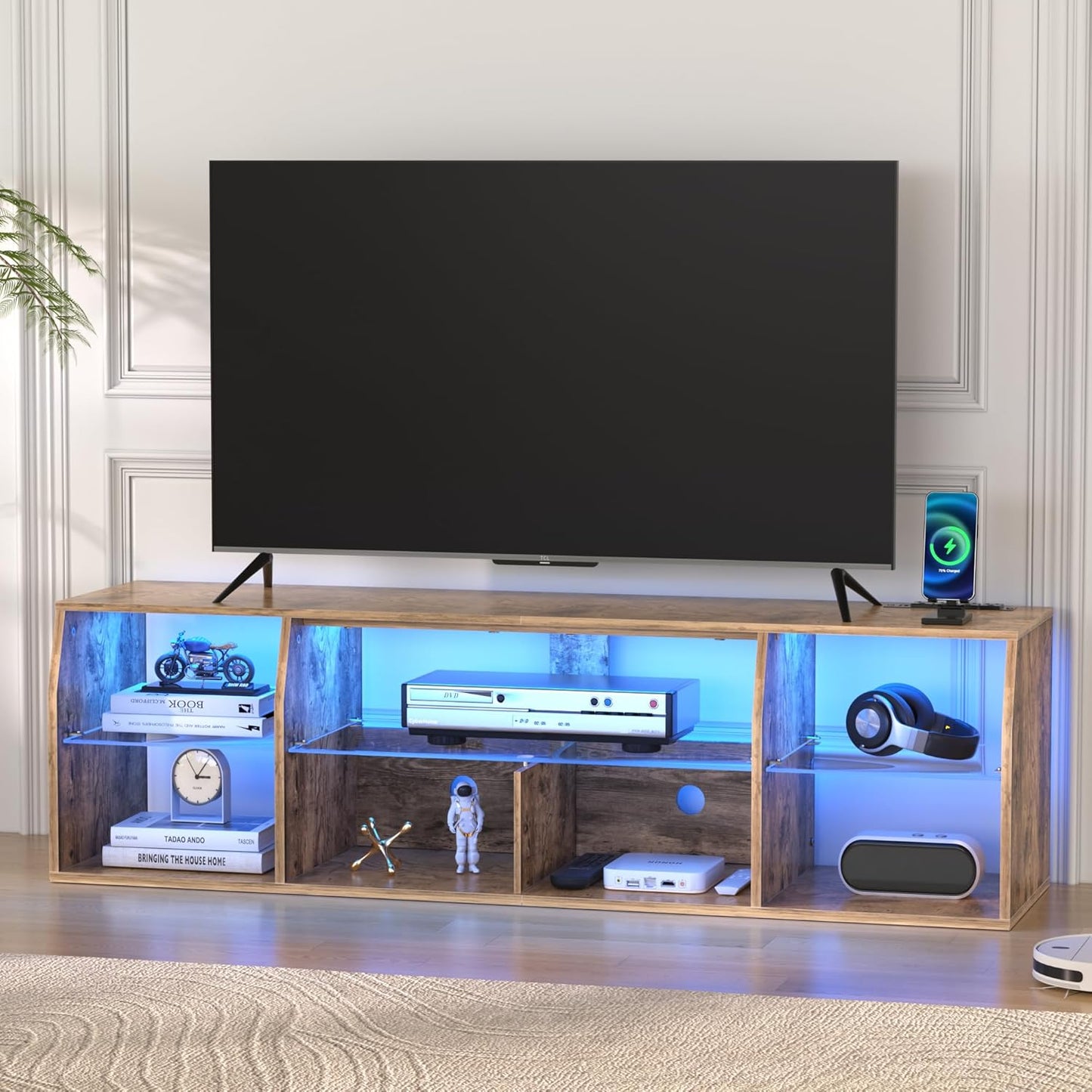 VECELO LED TV Stand: 65 Gaming Entertainment - Light Brown