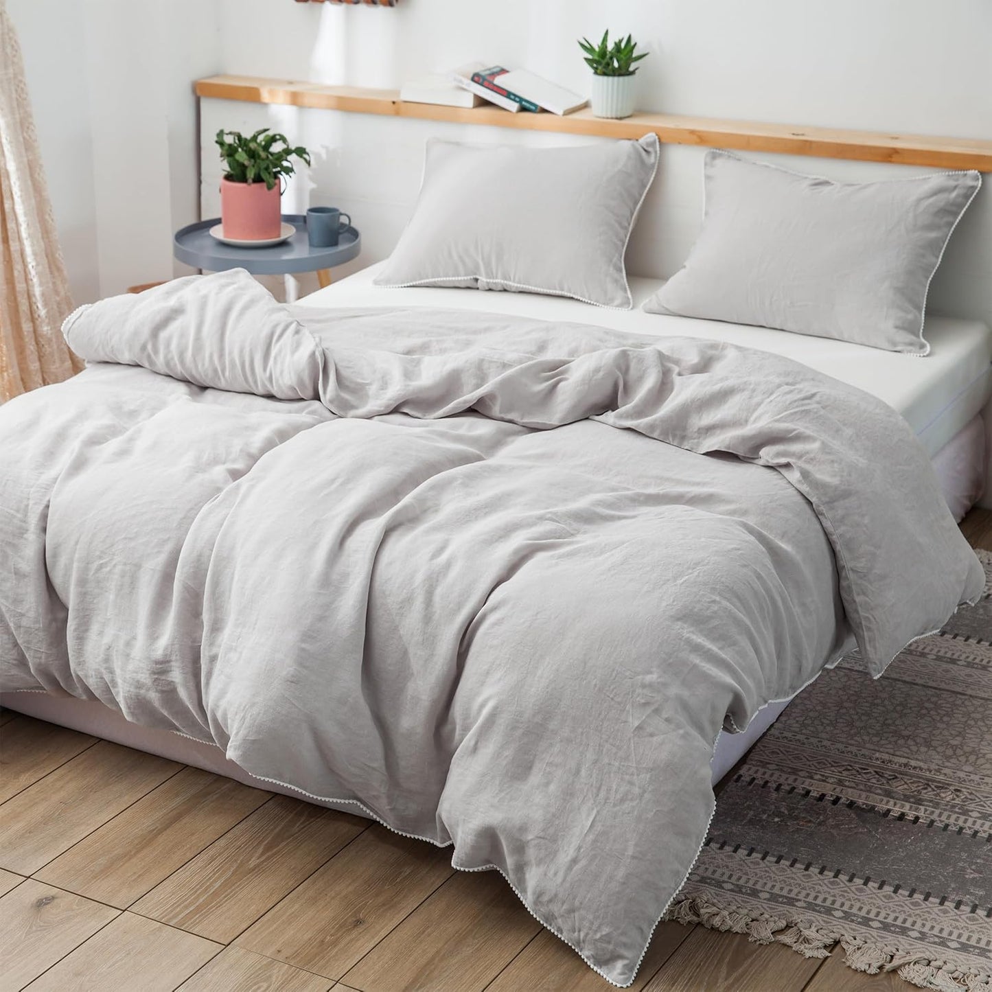 100% Washed Linen Duvet Cover Set with Pom Pom Trim for King