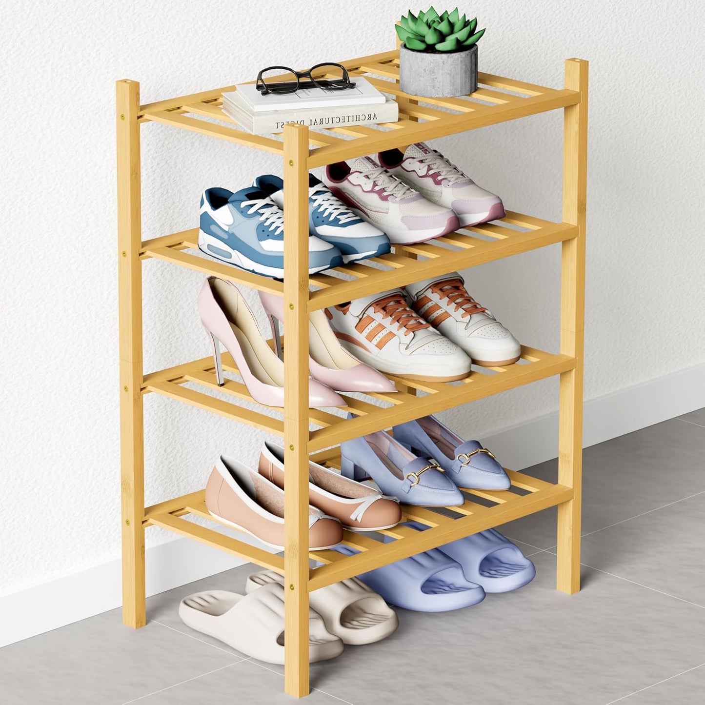 Smiry Bamboo Shoe Rack for Closet - 4 Tier Wooden Organizer