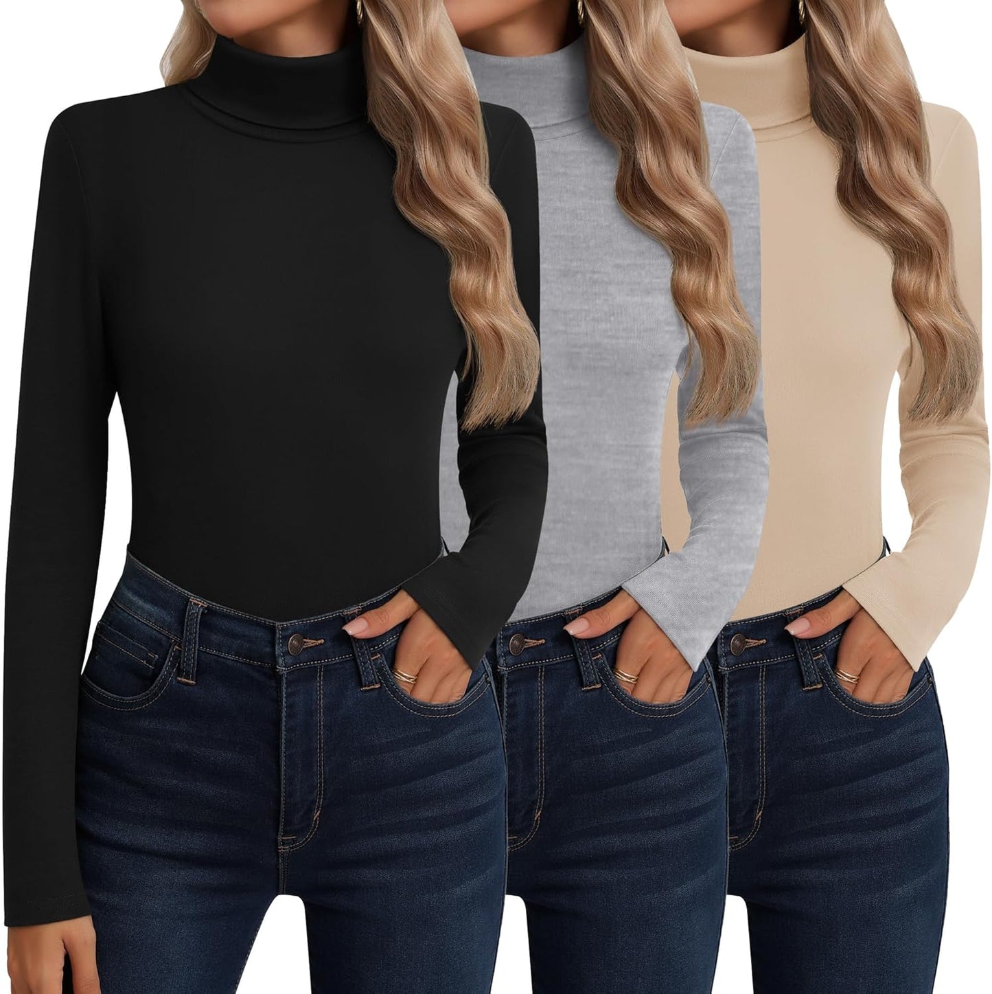 Neer 3 Pack Cotton Women's Turtleneck Long Sleeve Tops