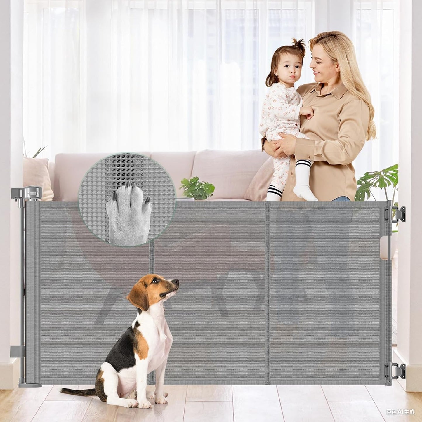 Reinforced 56 Inch Wide Retractable Dog Gate for Stairs Safety