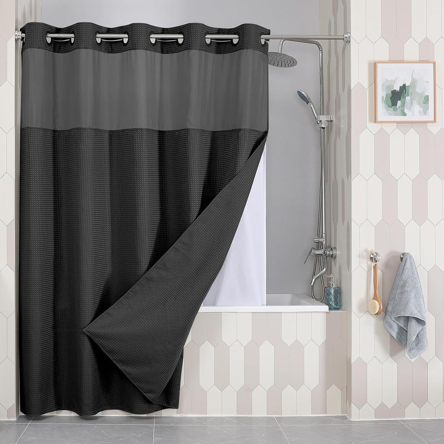 Hotel Style No Hook Shower Curtain Set, Waterproof, Black