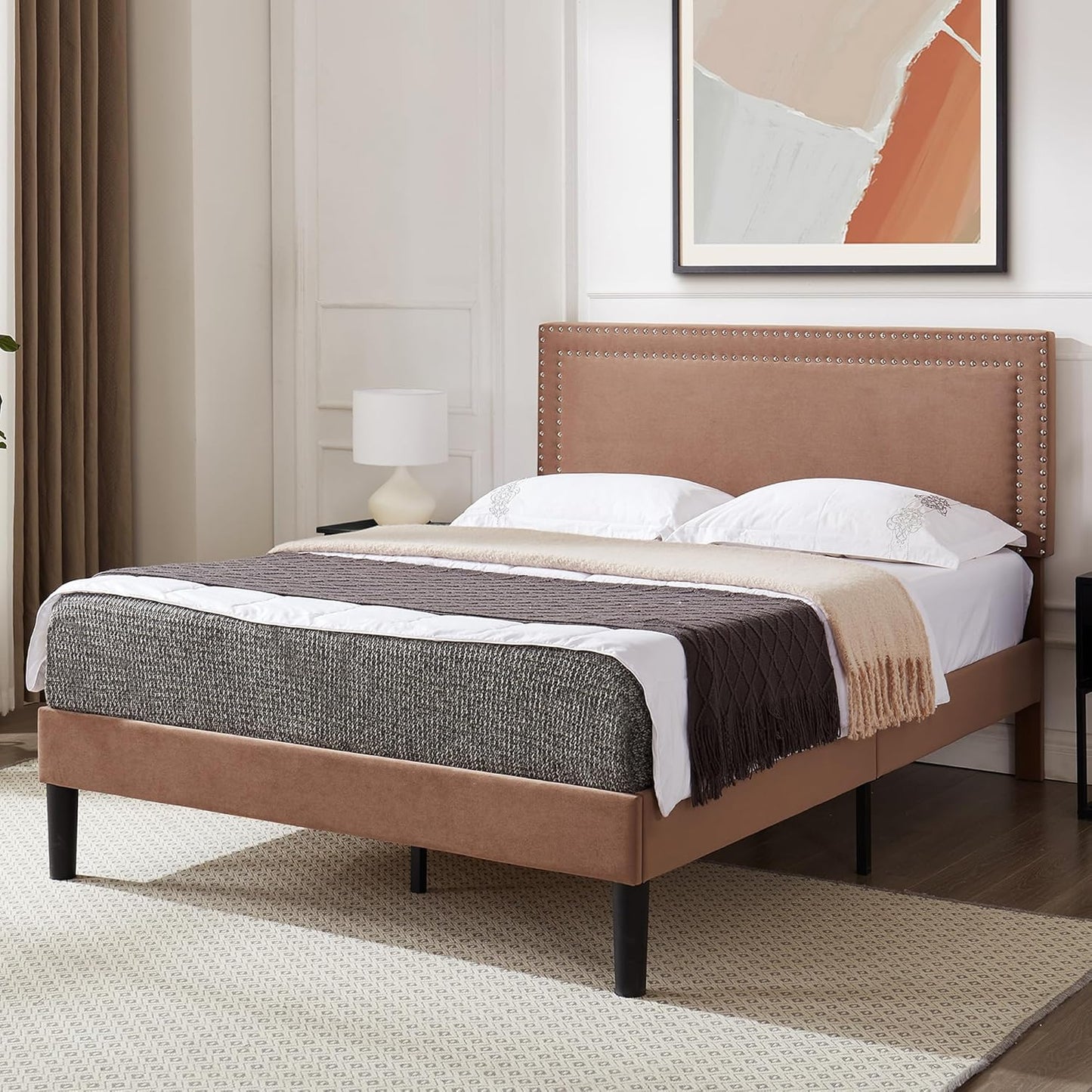VECELO Queen Size Bed Frame with Adjustable Upholstered Headboard