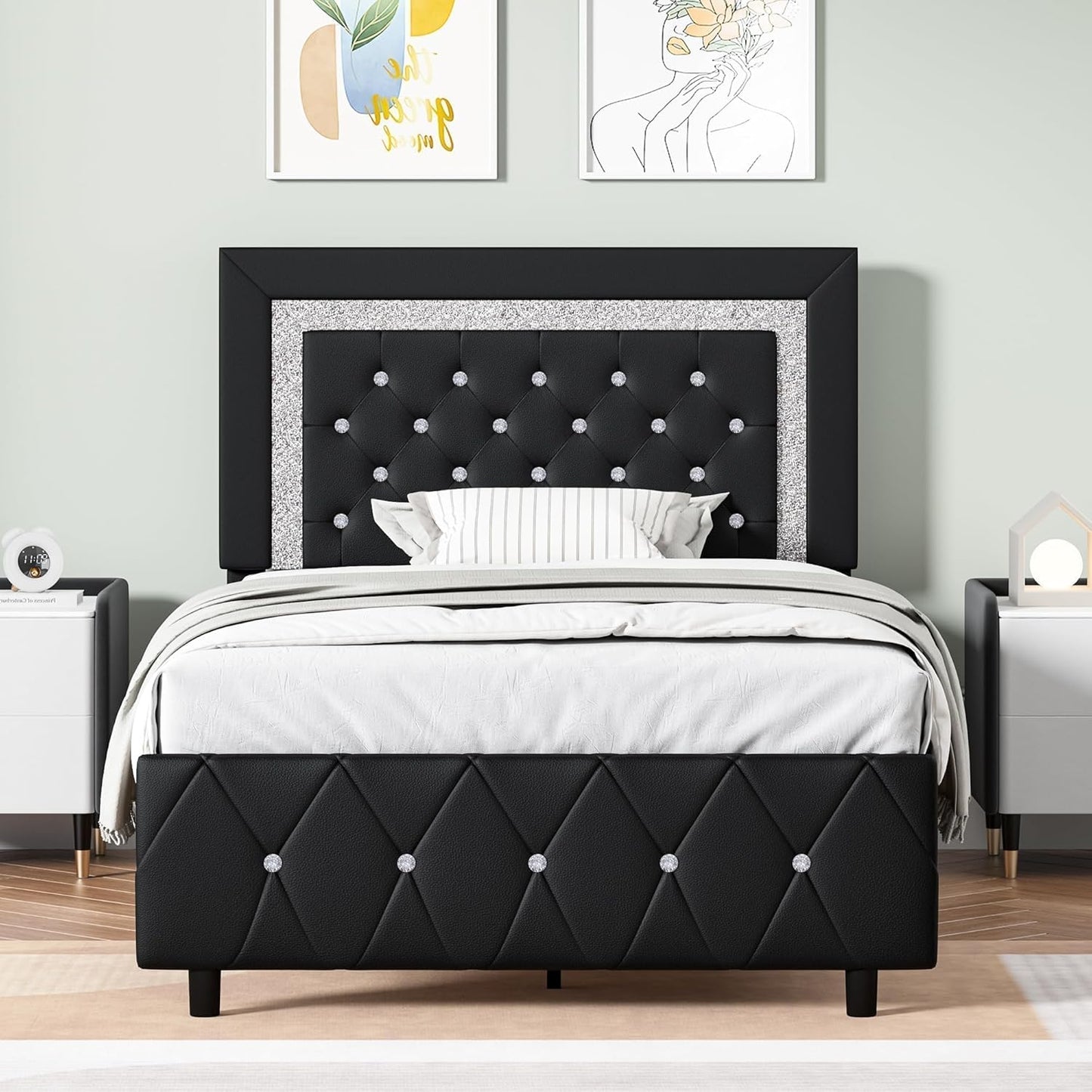 BarnFurin Twin Bed Frame with Diamond Tufted Headboard Design