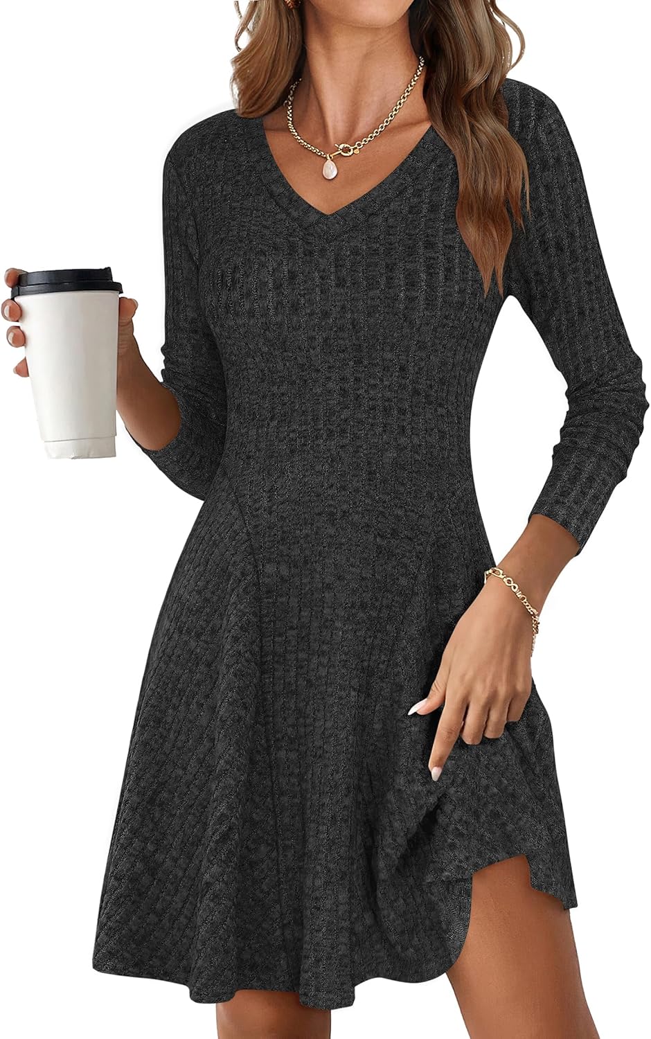 ANRABESS Women Long Sleeve Ribbed Knit Short Dress for Fall