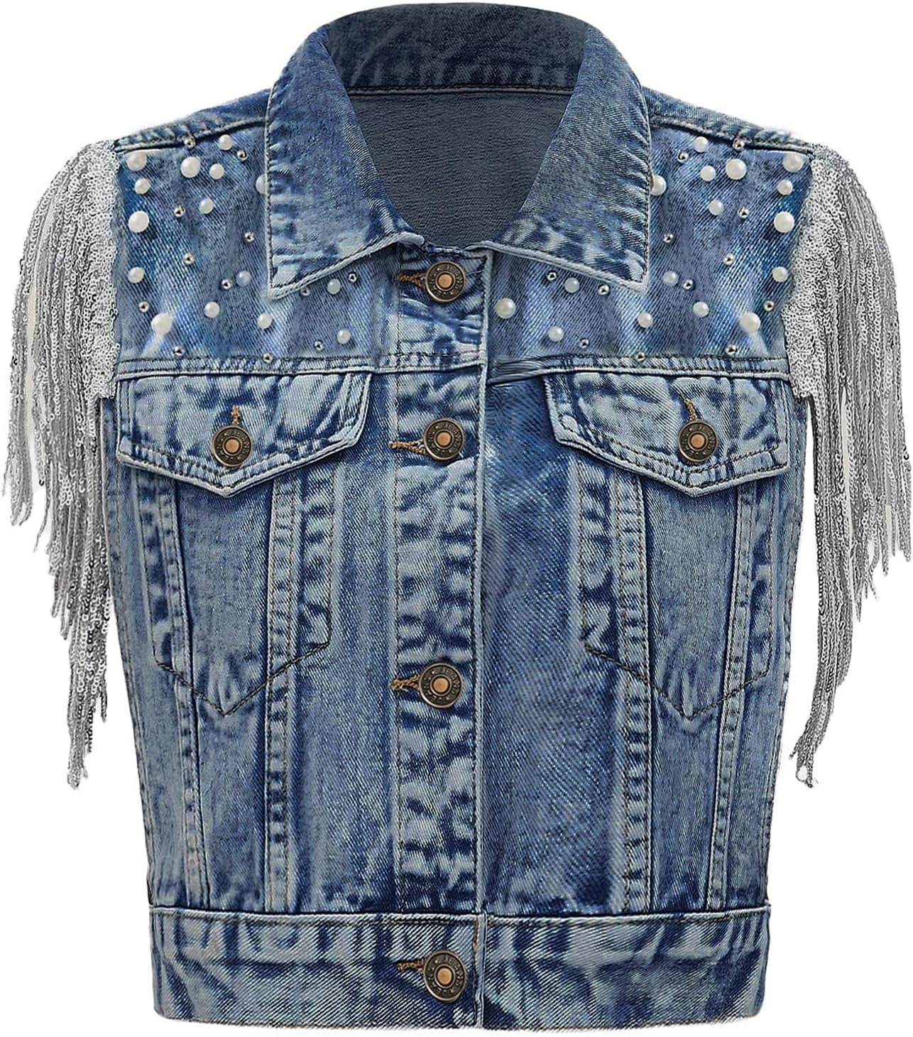 Women's Pearls Beading Denim Vest with Sequin Fringe Style