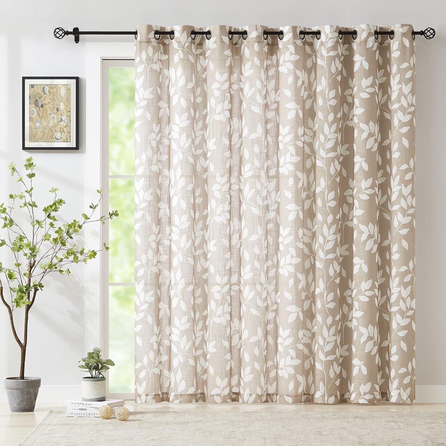 Taupe White Leaf Sheer Curtains for Elegant Home Decor