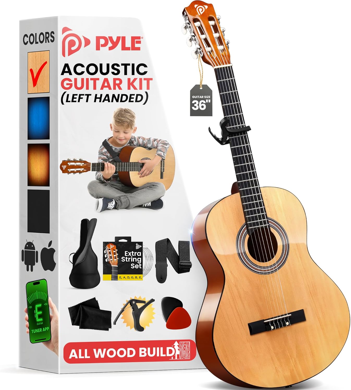 Pyle 36 Inch Left Handed Acoustic Guitar Set for Beginners