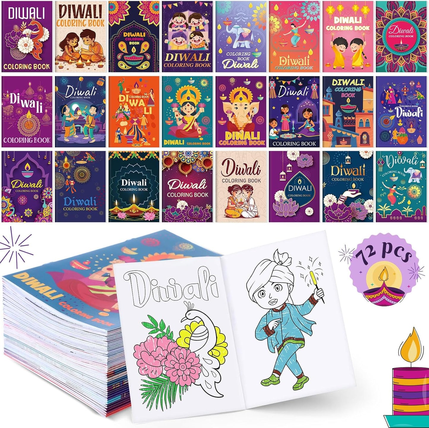 72 Pcs Diwali Coloring Book for Adults - Stress Relief Fun