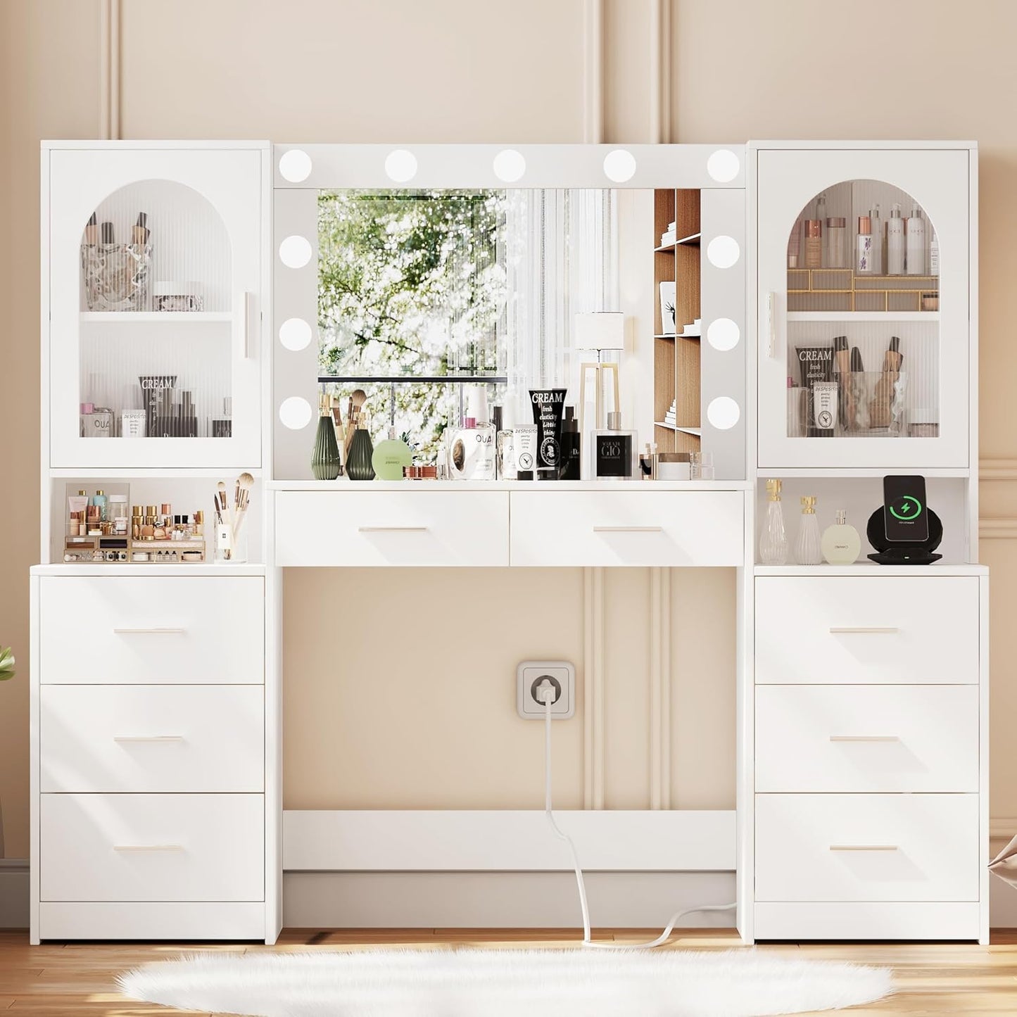 LED-lit Vanity Desk - 8 Drawers, Charging Station