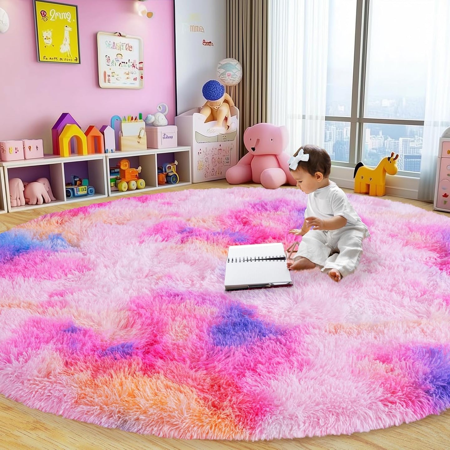 Round Fluffy Rugs 7Ft for Girls Bedroom, Dark Rainbow Shag