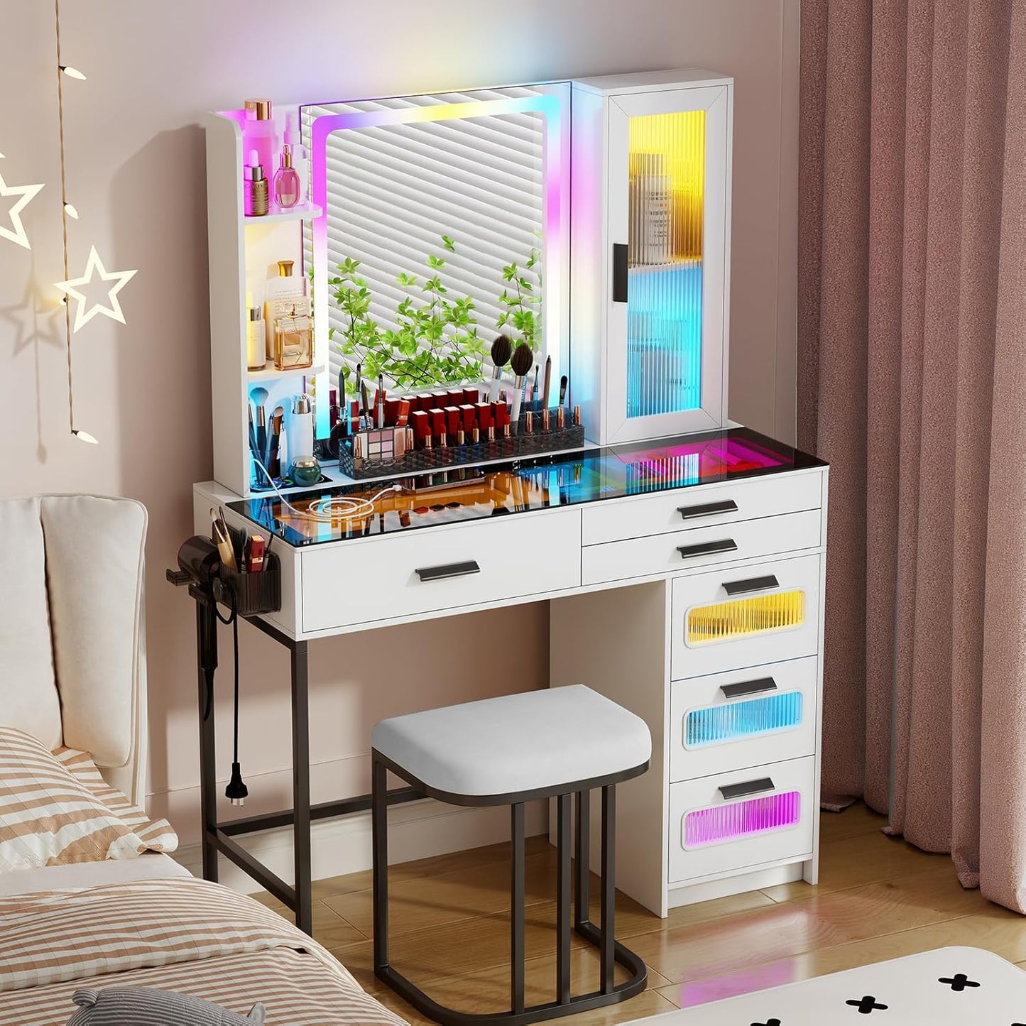 Makeup Vanity Desk with RGB Lights and Wireless Charging Station