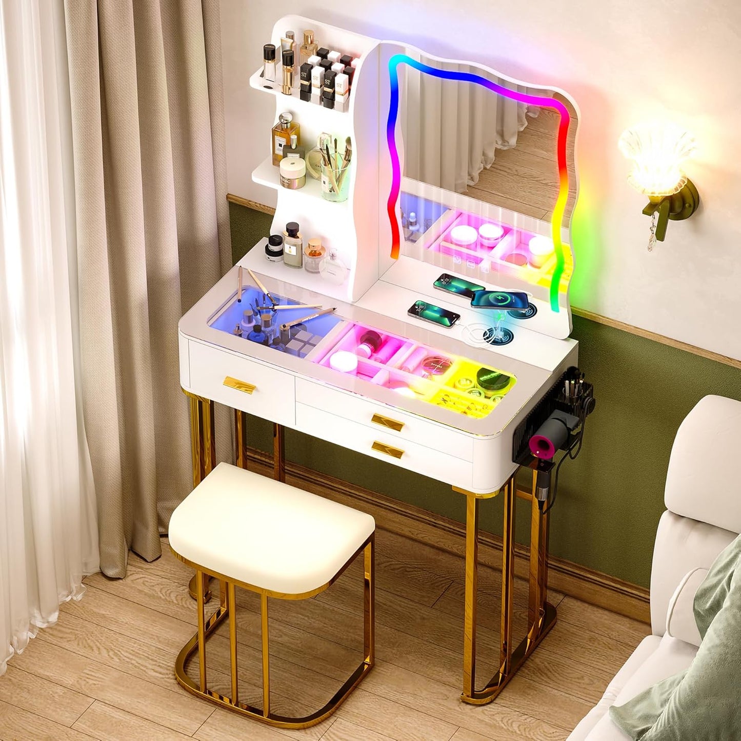 RGB Vanity Desk with Wireless Charging - LED Mirror Lights