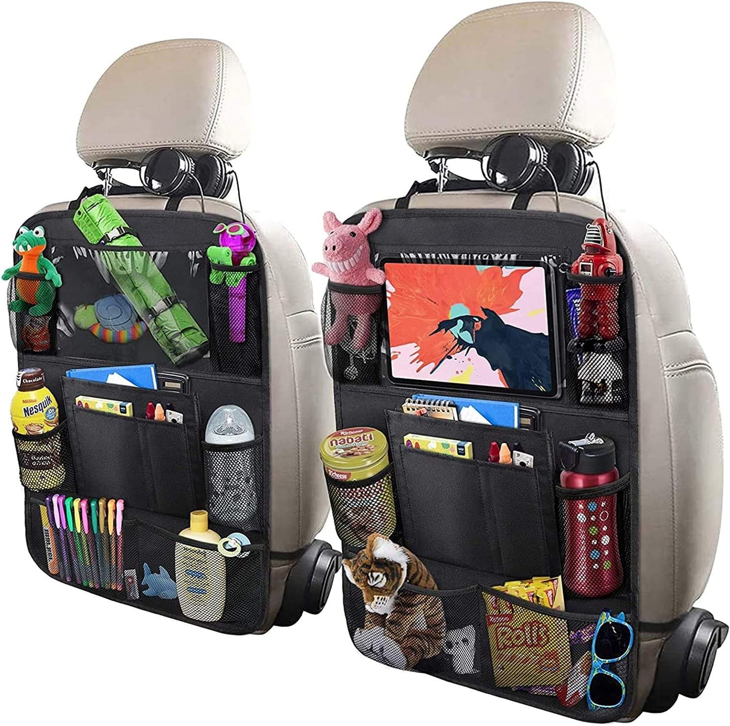 2 Pack Car Backseat Organizer: 10 Table Holder, 9 Pockets - Kids Travel Essential
