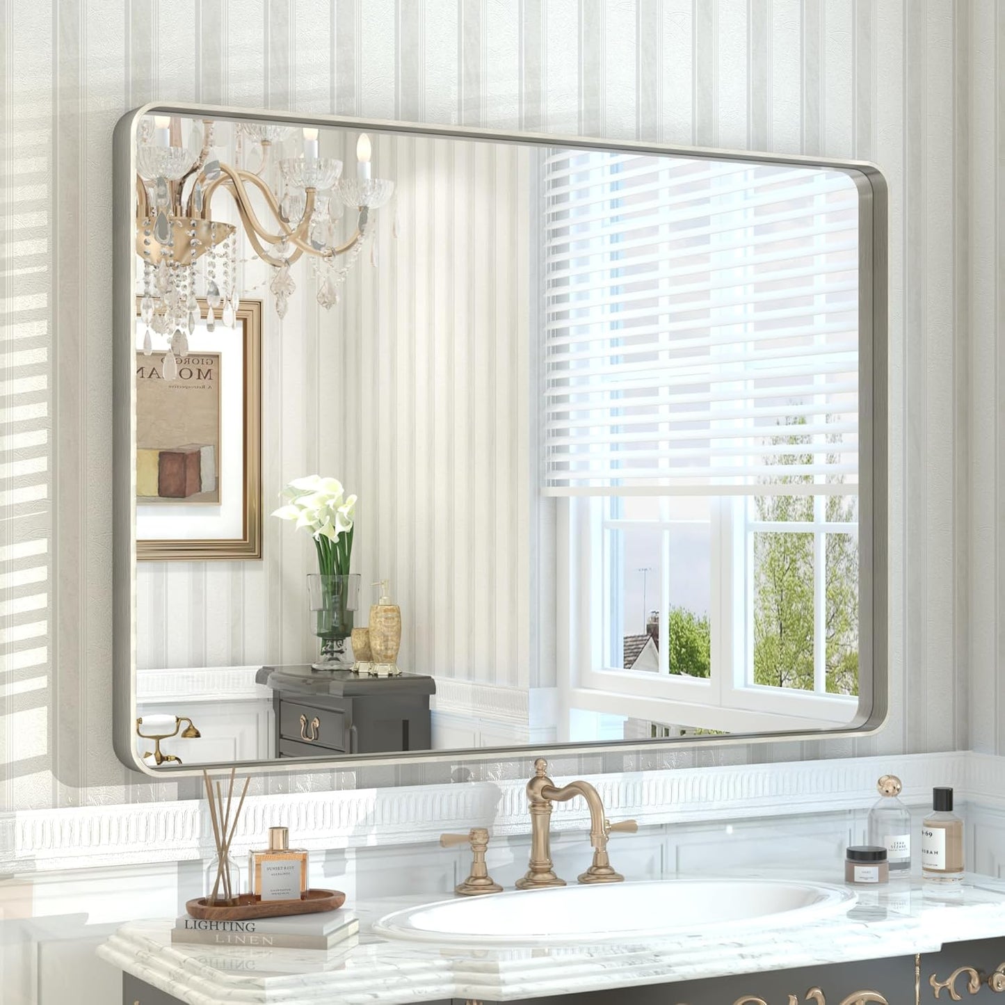 44x30 Inch Silver Bathroom Mirror with Brushed Metal Frame
