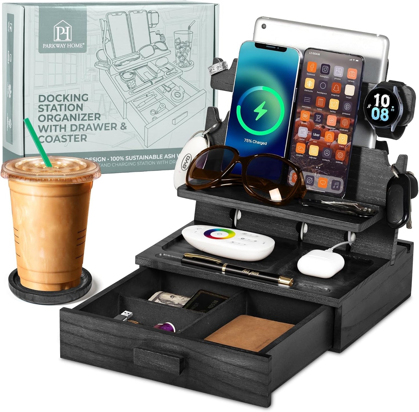 Black Wood Phone Docking Station for 3 Devices and More