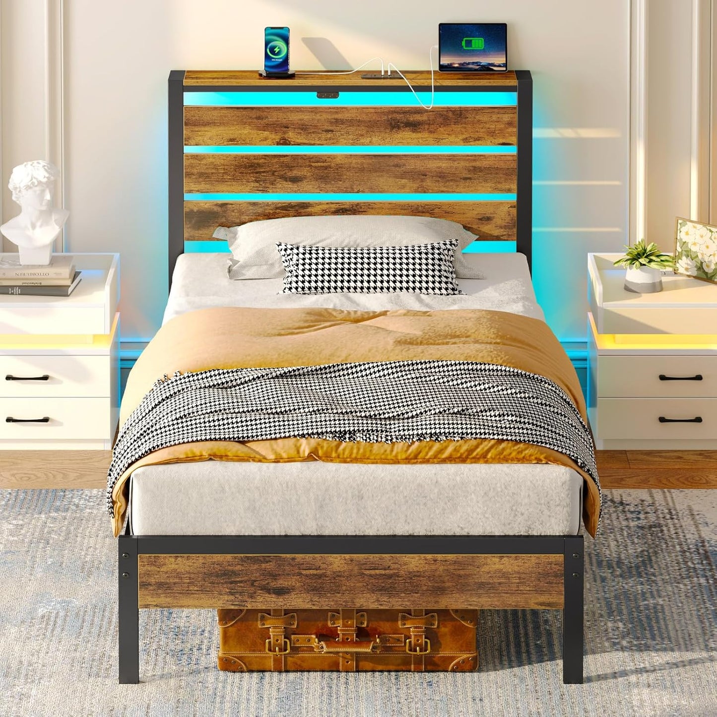 Rolanstar Twin Bed Frame with USB Charging and LED Lights