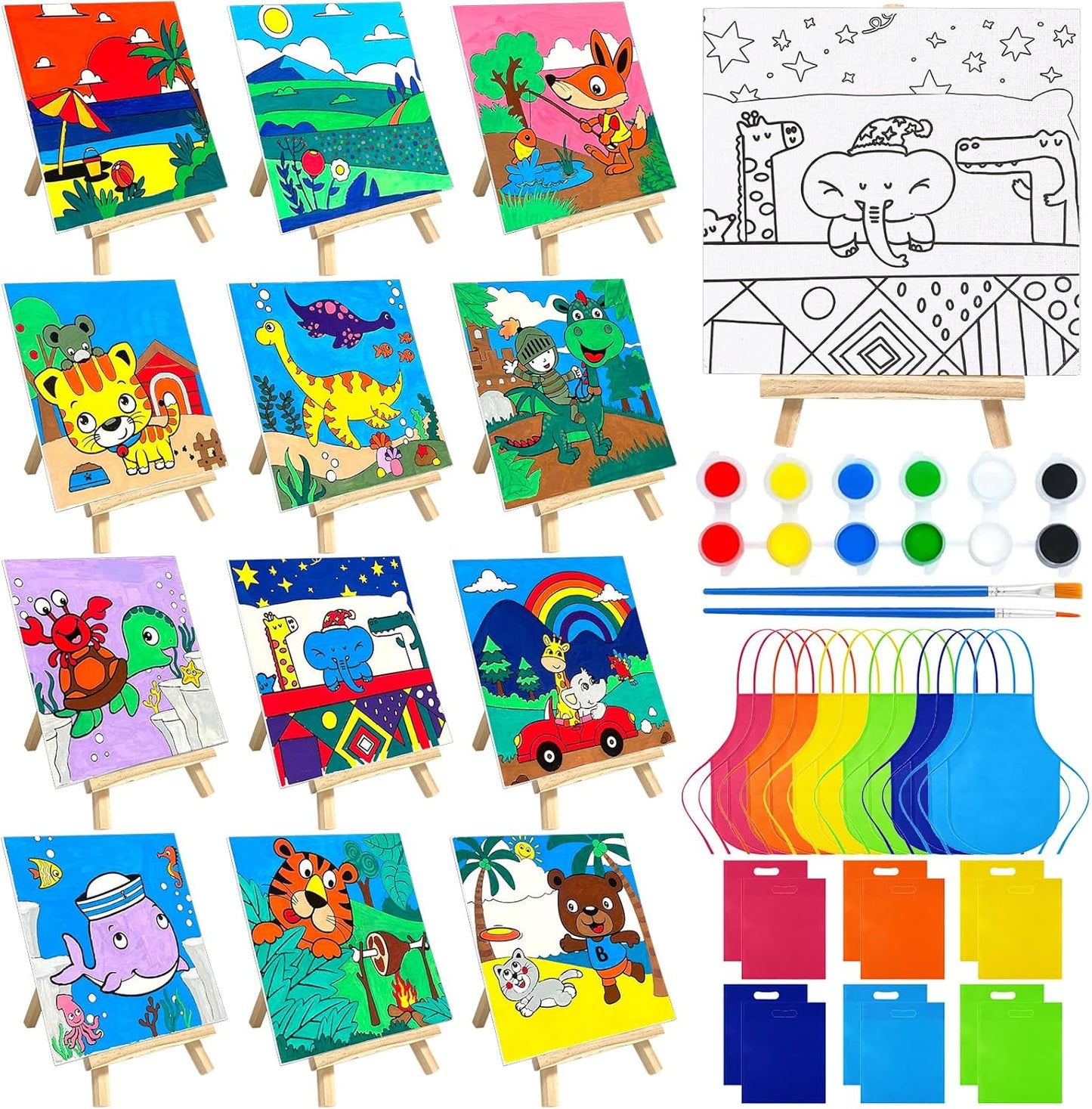 48PCS Printed Canvas Paint Art Set for Kids with Easels