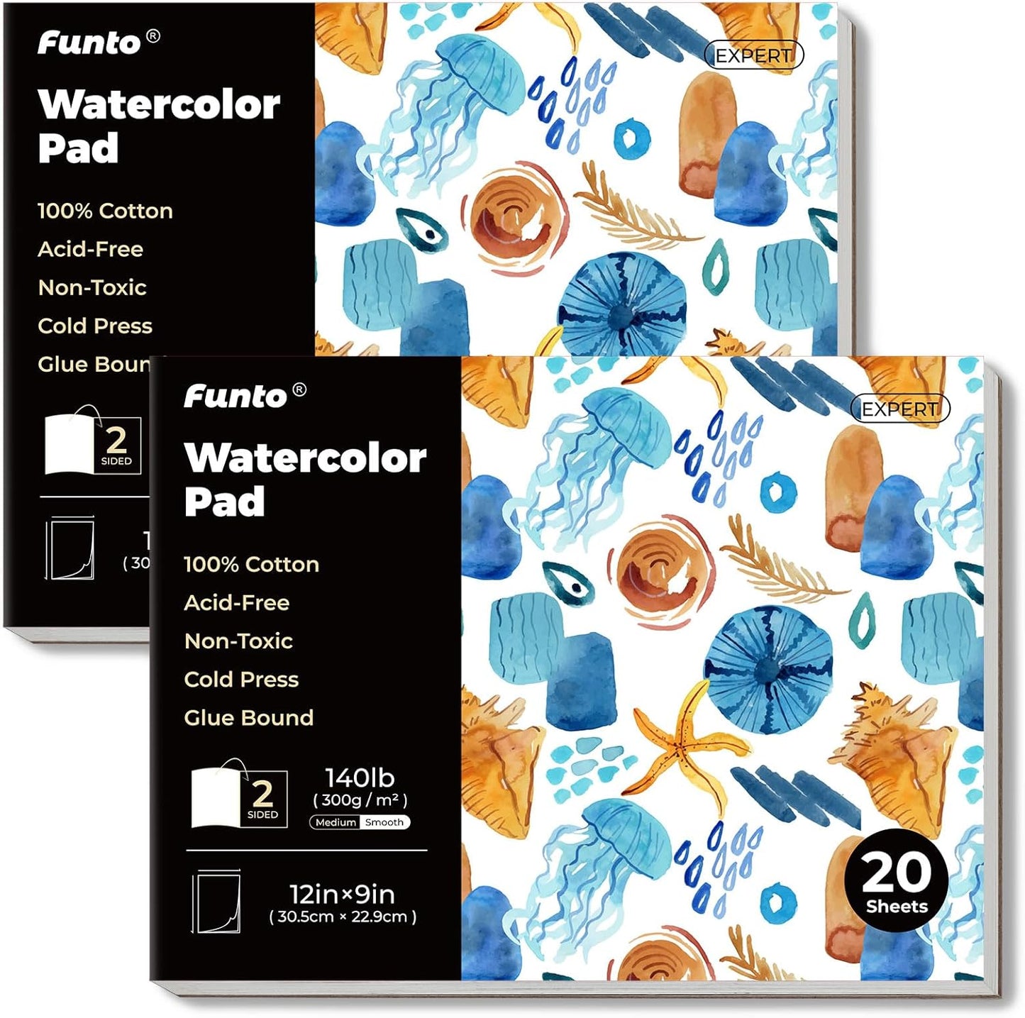 Funto Watercolor Pad 2-Pack, 12x9, 140lb Cotton Paper
