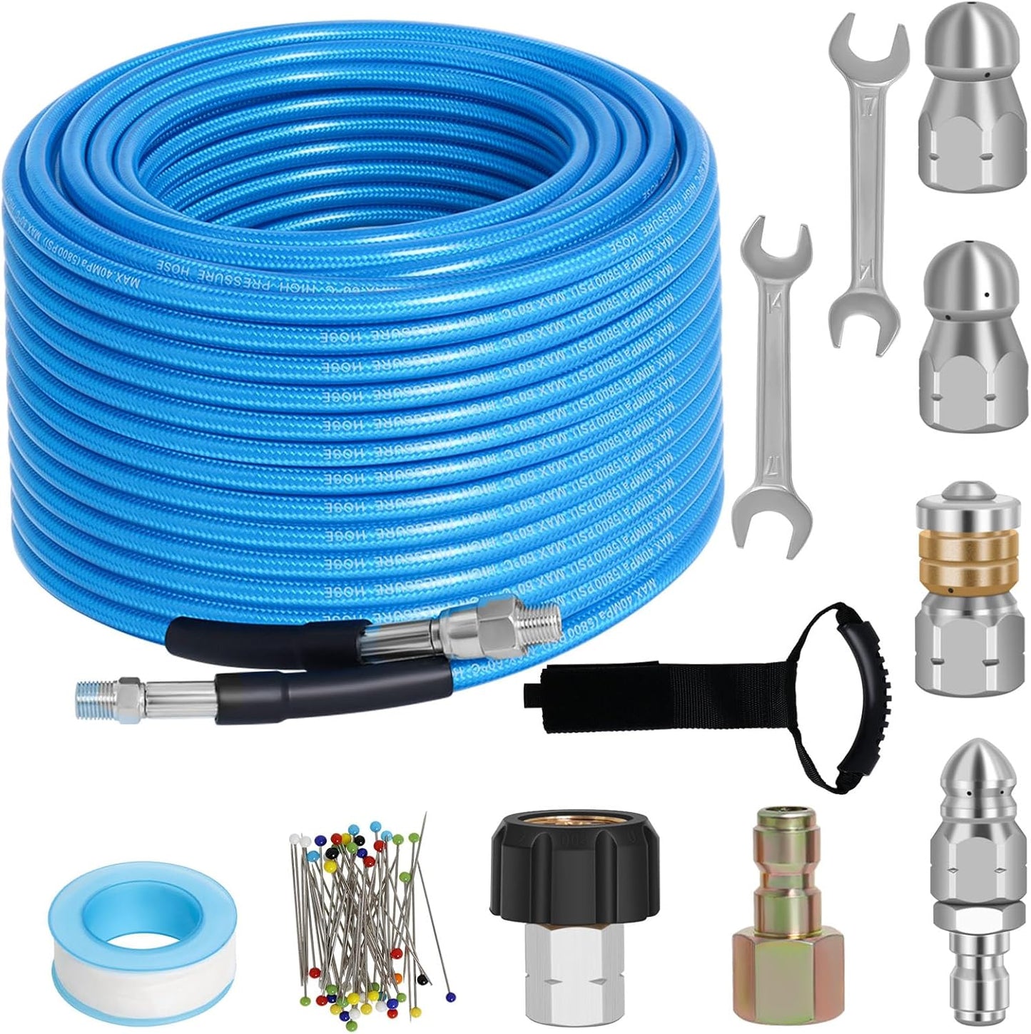 100 FT Sewer Jetter Kit for Pressure Washer with Nozzles